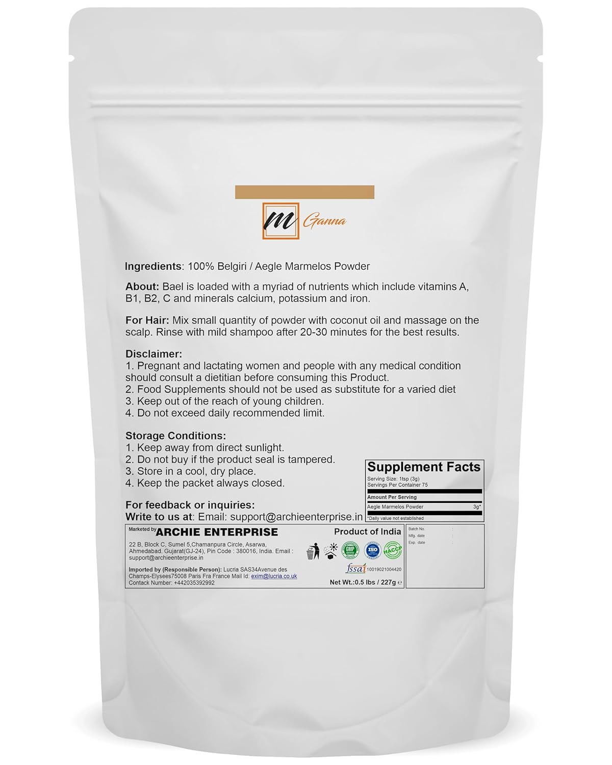 Organic mGanna Belgiri Powder for Healthy Hair and Skin - 227g/0.5lbs