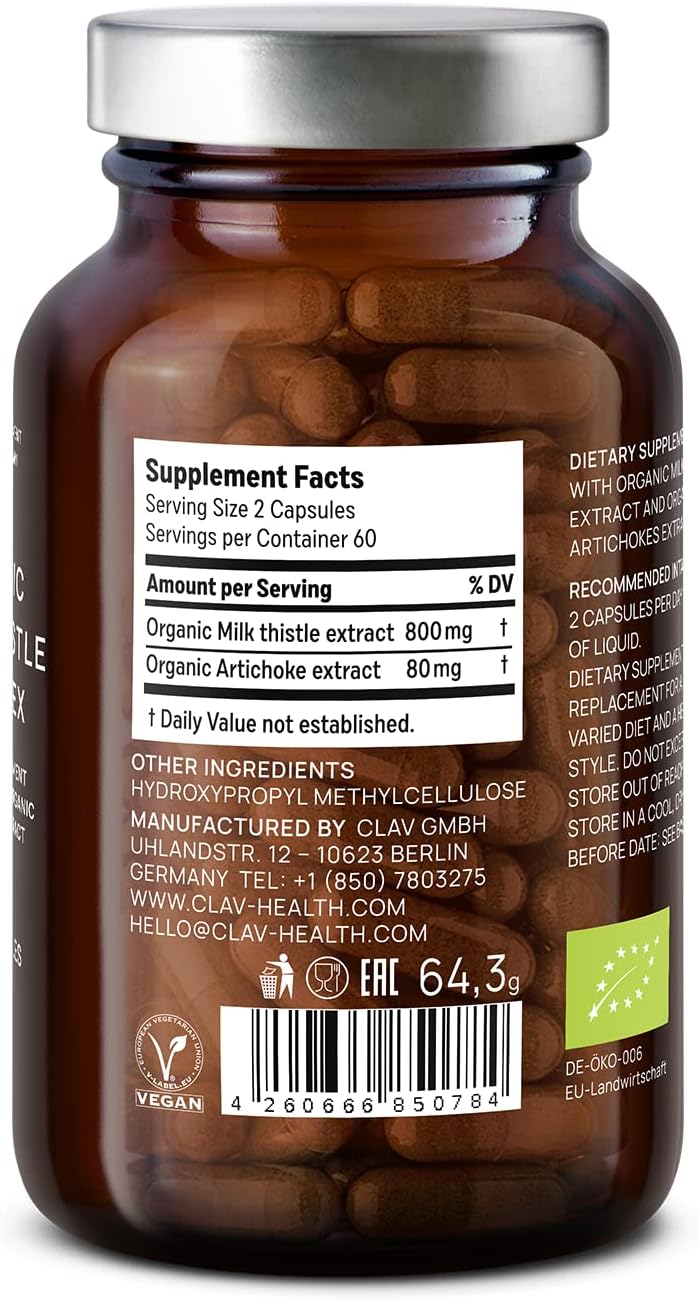 Organic Milk Thistle & Artichoke Extract Complex Capsules for Liver Support & Detox - 120 ct - Vegan - Made in Germany
