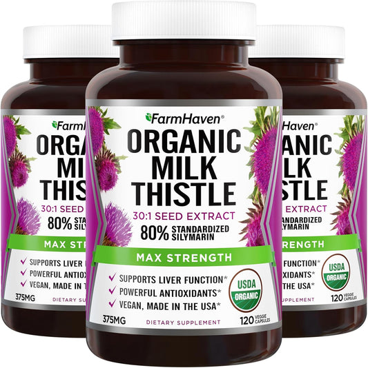 Organic Milk Thistle Capsules - 30X Concentrated Seed Extract, 80% Silymarin - Liver & Health Support - Non-GMO - 360 Vegan Capsules