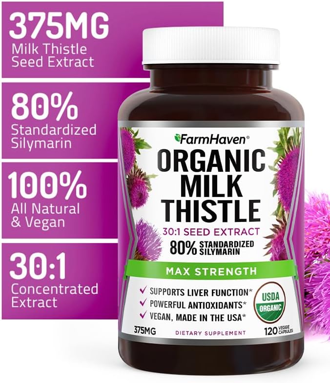 Organic Milk Thistle Capsules - 30X Concentrated Seed Extract, 80% Silymarin - Liver & Health Support - Non-GMO - 360 Vegan Capsules