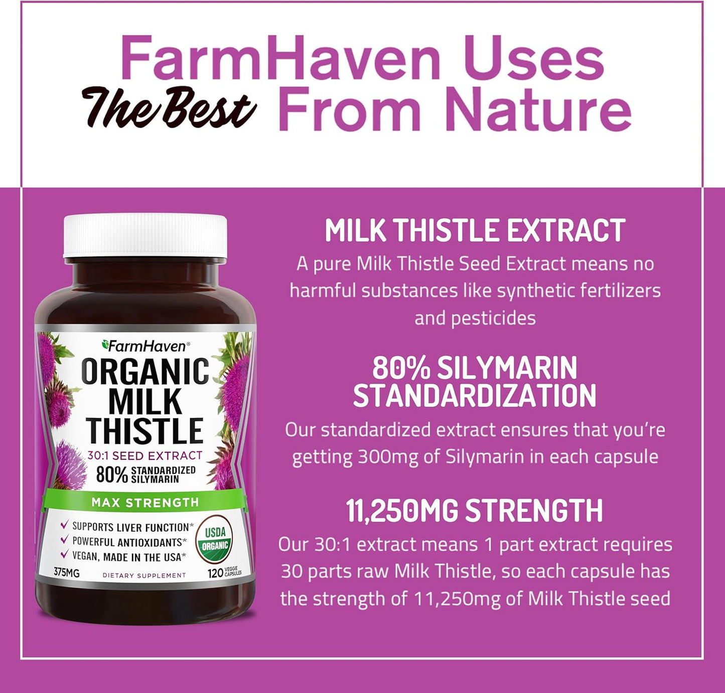 Organic Milk Thistle Capsules - 30X Concentrated Seed Extract, 80% Silymarin - Liver & Health Support - Non-GMO - 360 Vegan Capsules