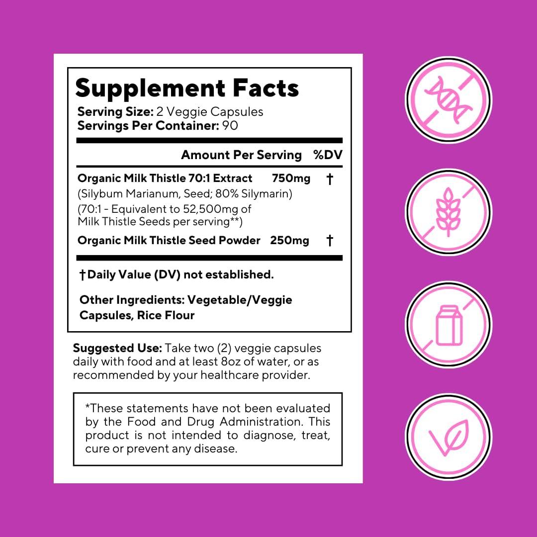 Organic Milk Thistle Extract 52,500mg - 80% Silymarin Liver Health Support - 180 Veggie Capsules - Non-GMO, Gluten-Free Antioxidant Supplement