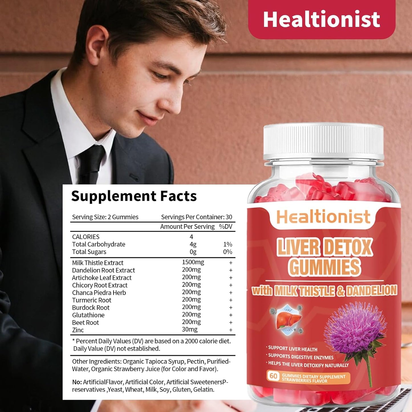 Organic Milk Thistle Gummies for Liver Detox & Repair - Antioxidant Support - 60 Vegan Ct