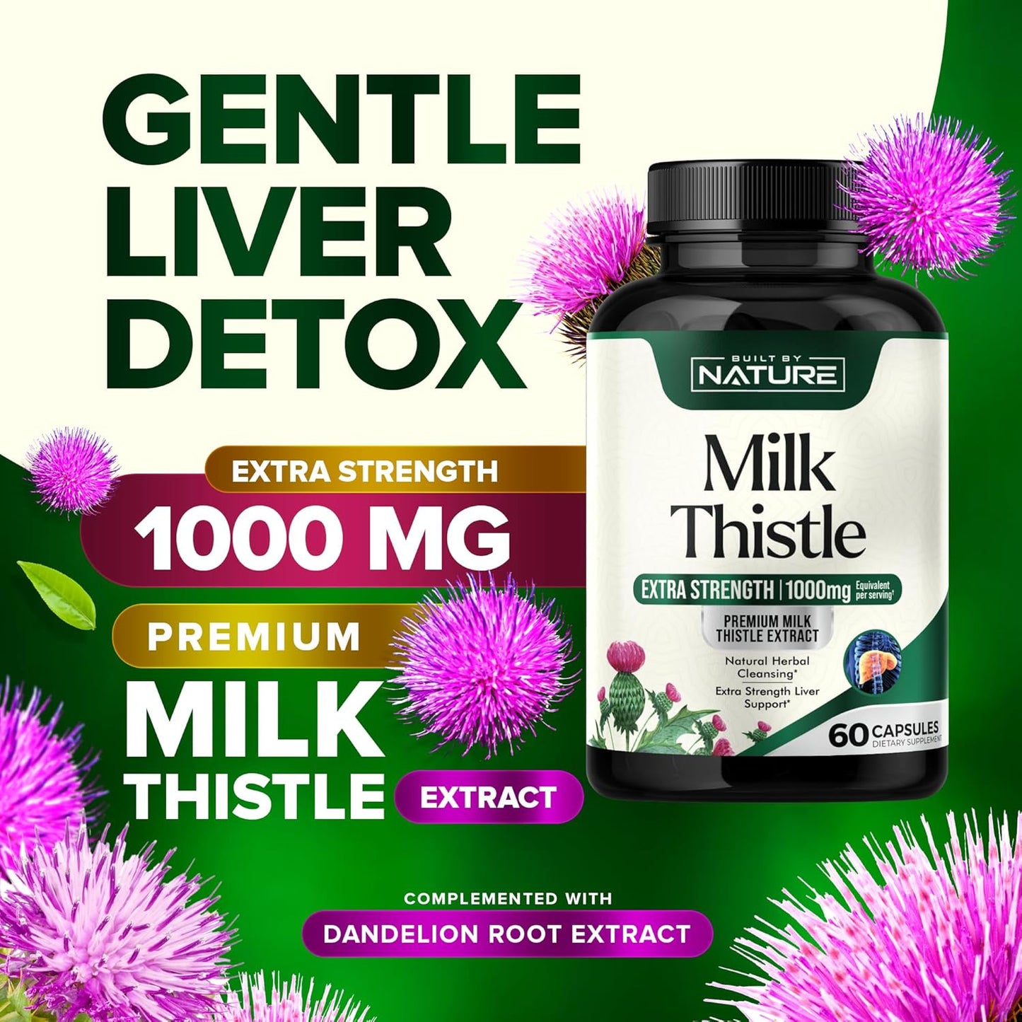 Organic Milk Thistle Liver Detox Supplement - 1000mg Silymarin & Dandelion Root - Herbal Cleanse for Liver Health - Non-GMO - 60 Capsules