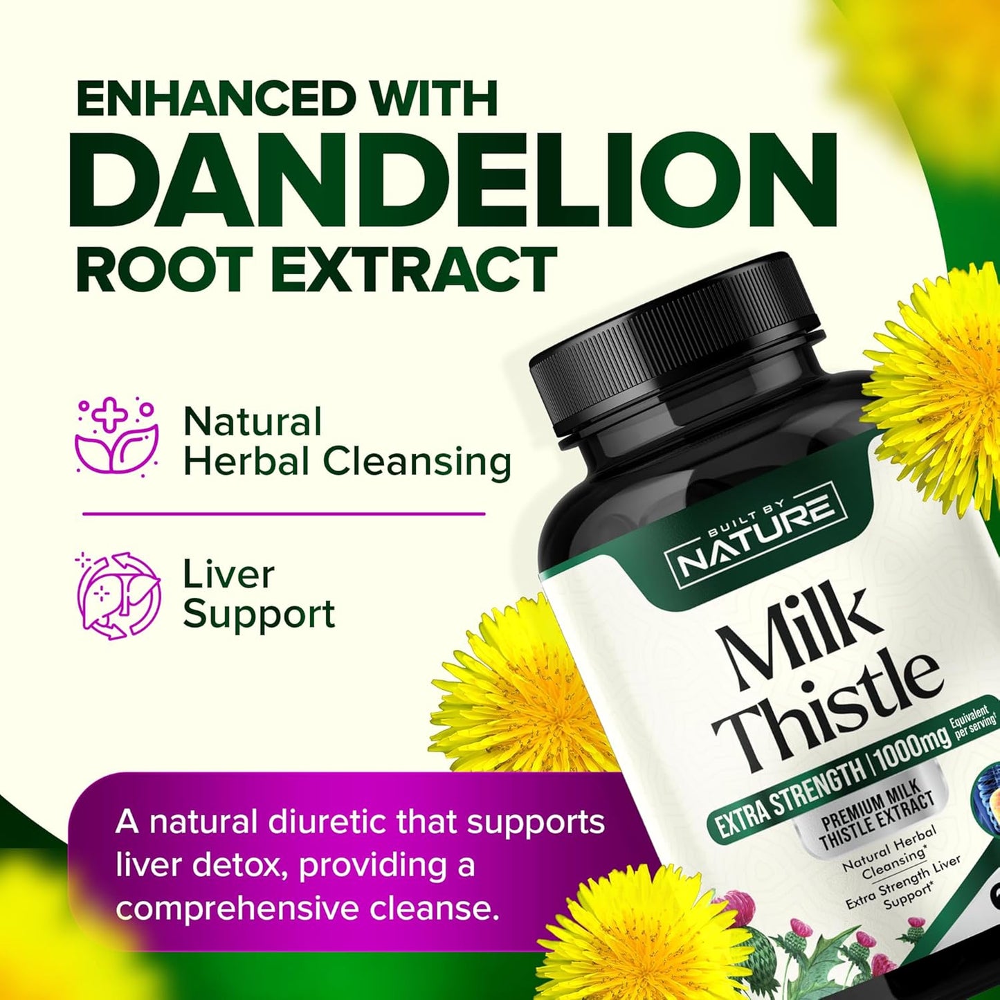 Organic Milk Thistle Liver Detox Supplement - 1000mg Silymarin & Dandelion Root - Herbal Cleanse for Liver Health - Non-GMO - 60 Capsules
