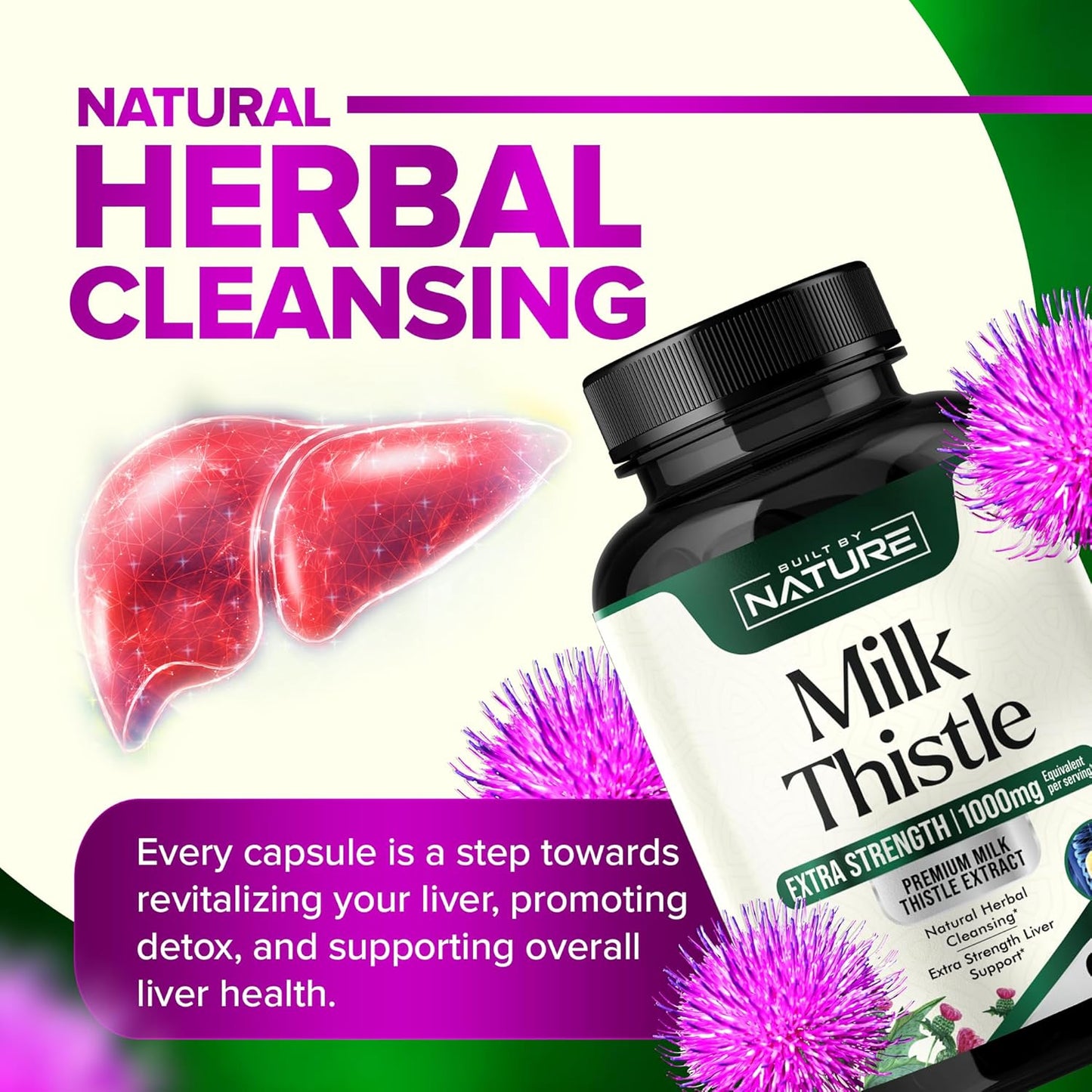 Organic Milk Thistle Liver Detox Supplement - 1000mg Silymarin & Dandelion Root - Herbal Cleanse for Liver Health - Non-GMO - 60 Capsules