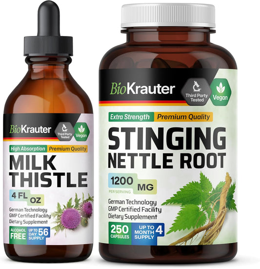 Organic Milk Thistle Tincture & Stinging Nettle Capsules Bundle - 4 Fl. Oz. & 250 Count