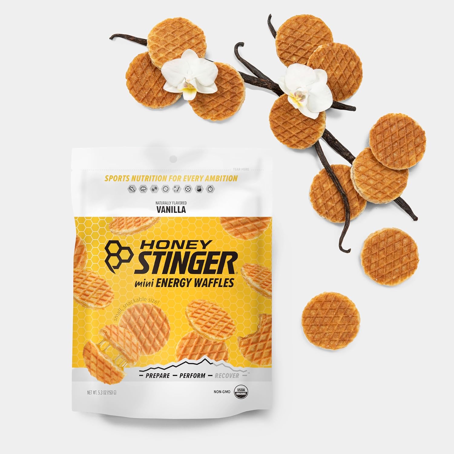 Organic Mini Vanilla Waffles for Energy and Endurance | Sports Nutrition for Exercise | Pre & Post Workout Snack | 5 Bags, 26.5 oz