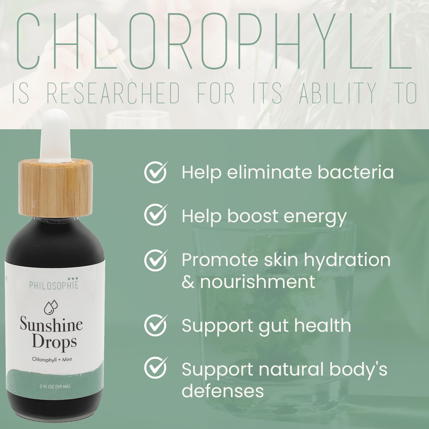 Organic Mint Chlorophyll Drops for Water - Internal Deodorant & Detox - Natural Energy Boost - Vegan & Non-GMO - 2oz.