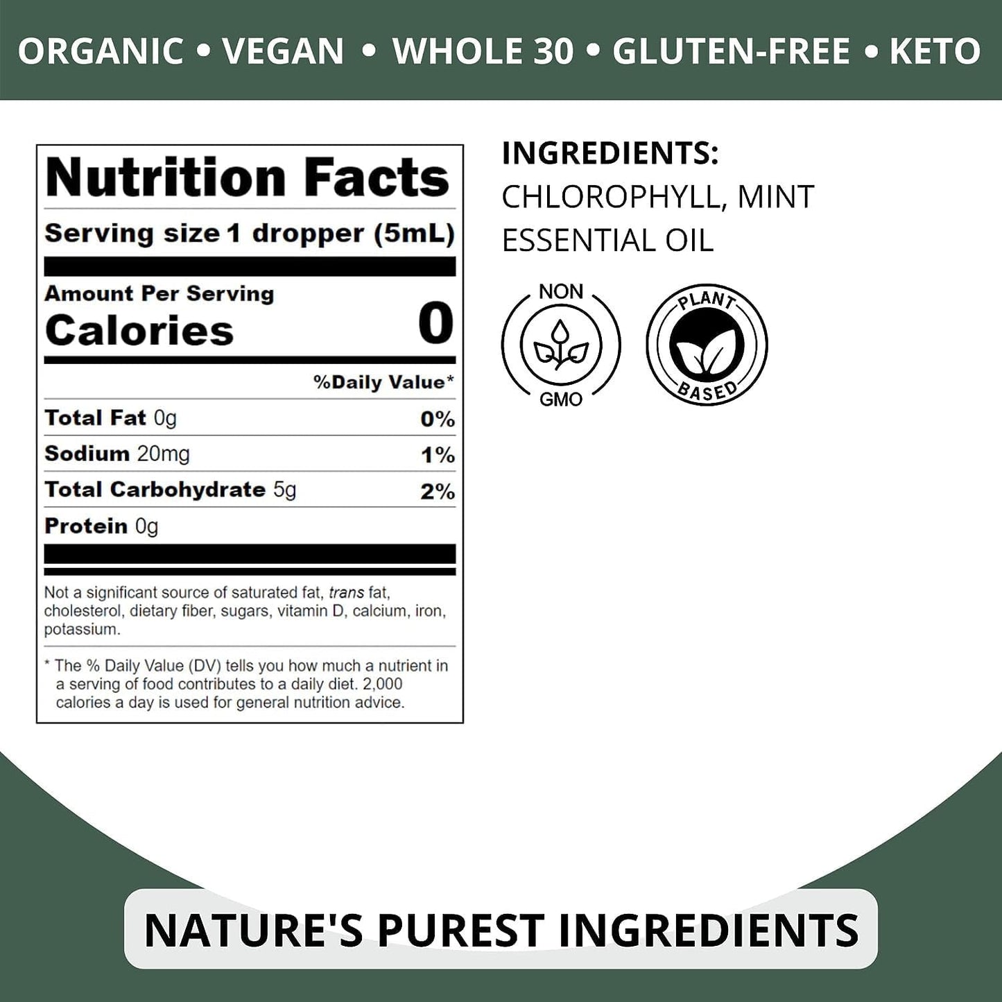 Organic Mint Chlorophyll Drops for Water - Internal Deodorant & Detox - Natural Energy Boost - Vegan & Non-GMO - 2oz.