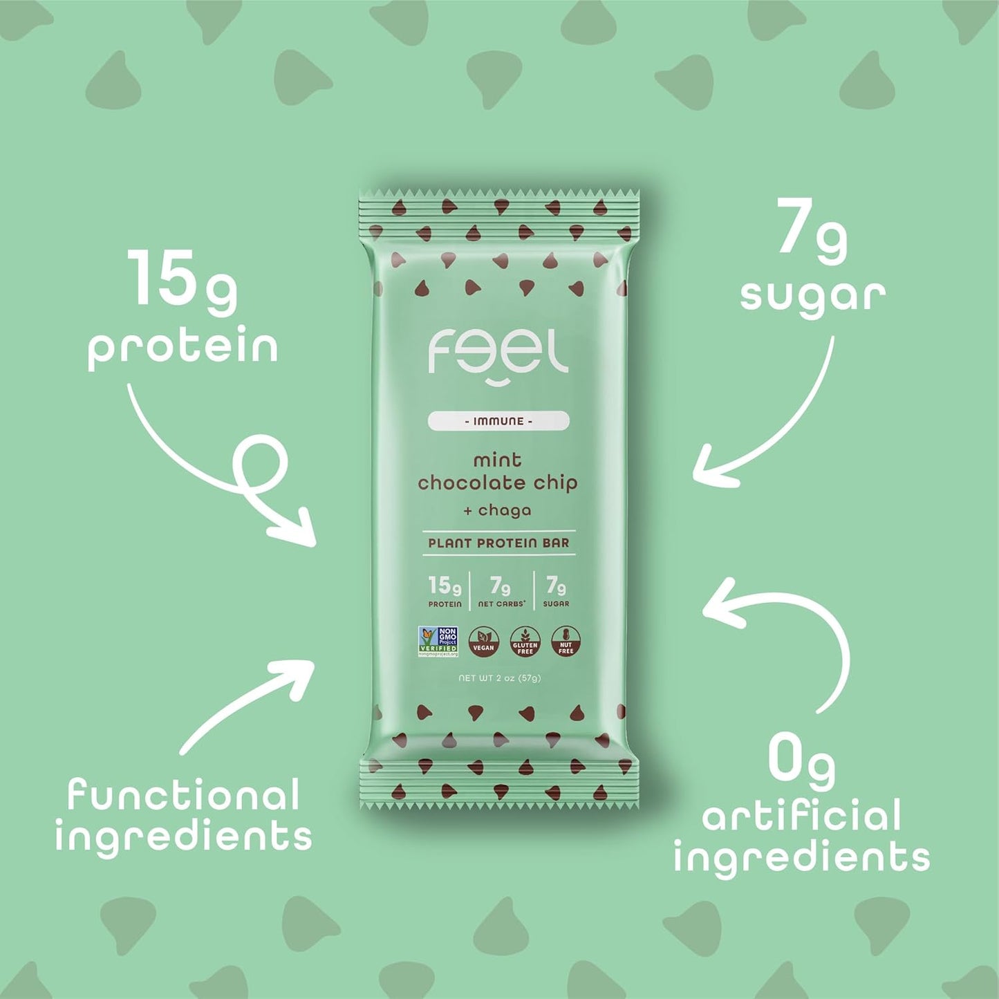 Organic Mint Chocolate Chip Vegan Protein Bars with Chaga Mushroom - Keto, Gluten-Free, Dairy-Free, Low Sugar, High Protein