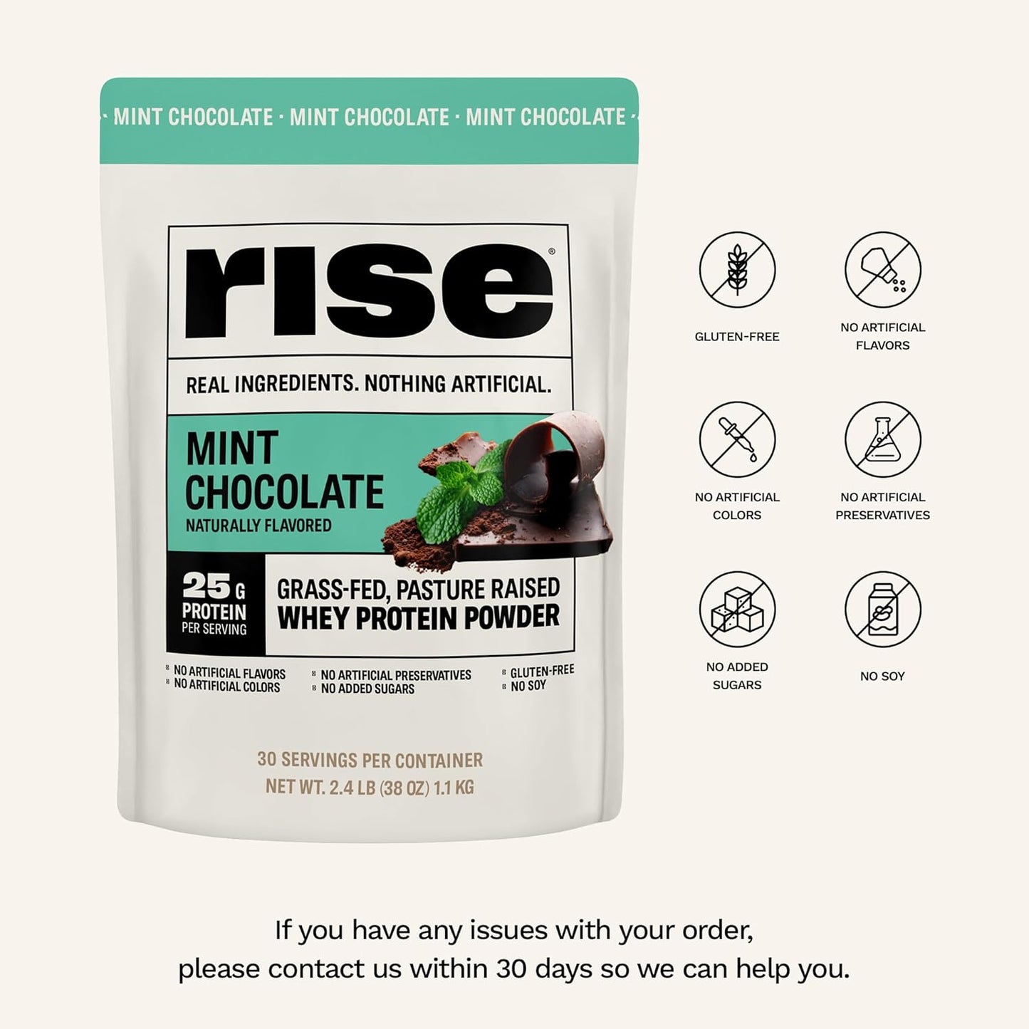 Organic Mint Chocolate Grass-Fed Whey Protein Powder - 25g Protein, No Artificial Ingredients - Sugar-Free, Gluten-Free, Soy-Free - 2.4 lbs