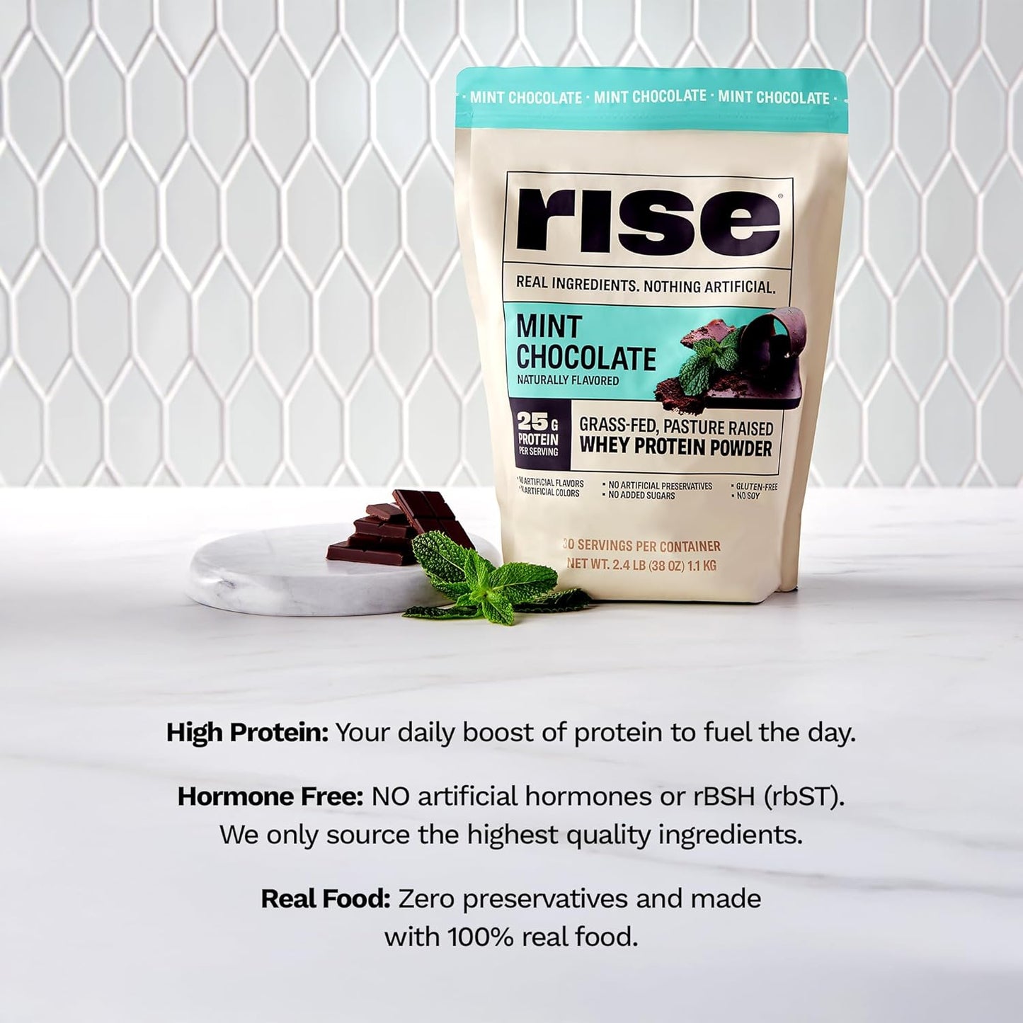 Organic Mint Chocolate Grass-Fed Whey Protein Powder - 25g Protein, No Artificial Ingredients - Sugar-Free, Gluten-Free, Soy-Free - 2.4 lbs