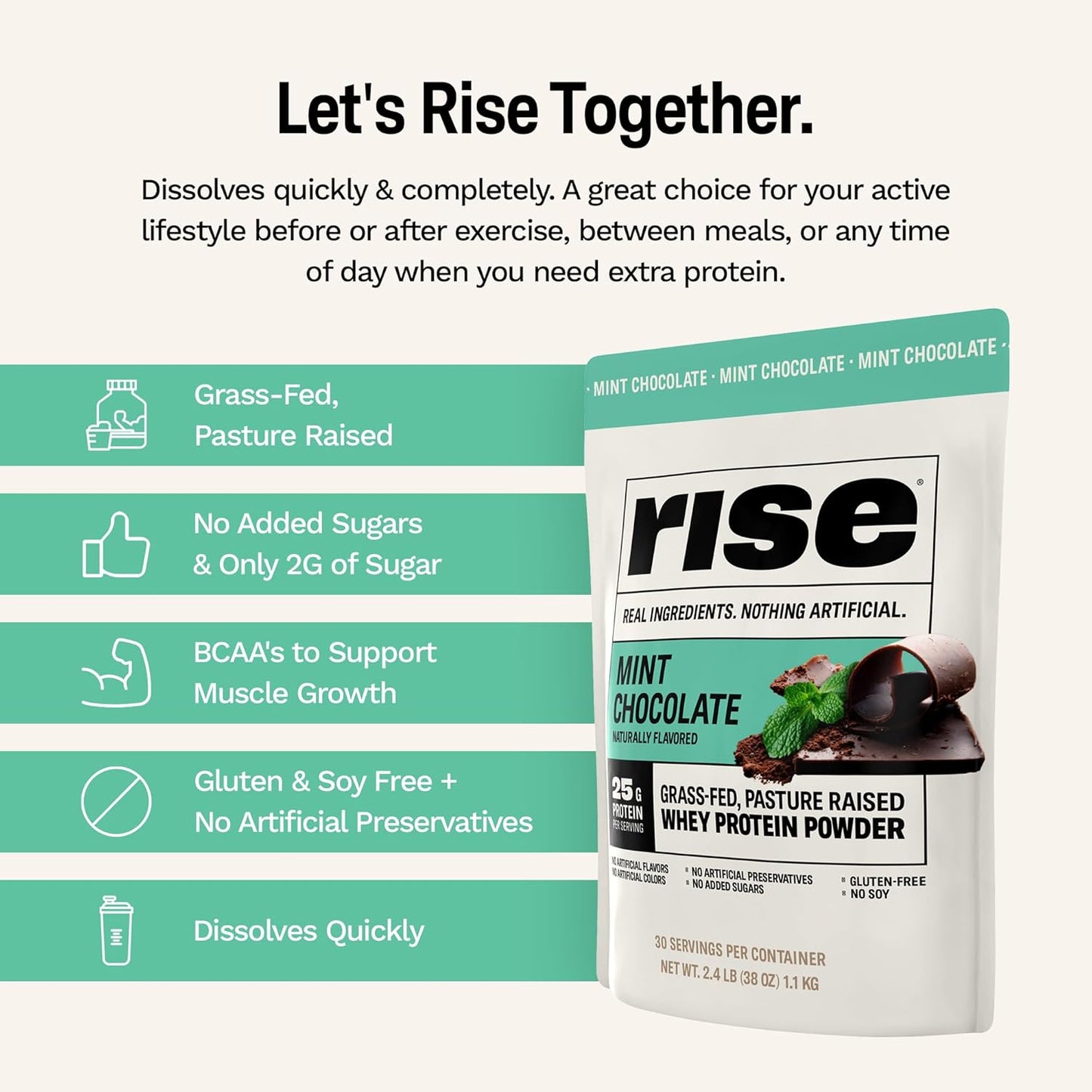 Organic Mint Chocolate Grass-Fed Whey Protein Powder - 25g Protein, No Artificial Ingredients - Sugar-Free, Gluten-Free, Soy-Free - 2.4 lbs