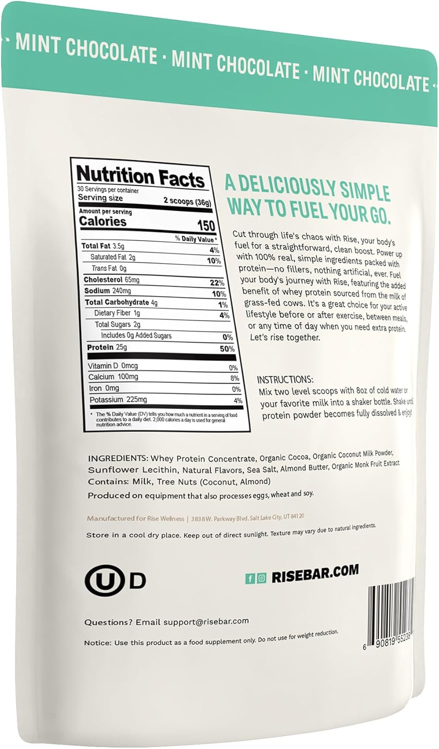 Organic Mint Chocolate Grass-Fed Whey Protein Powder - 25g Protein, No Artificial Ingredients - Sugar-Free, Gluten-Free, Soy-Free - 2.4 lbs