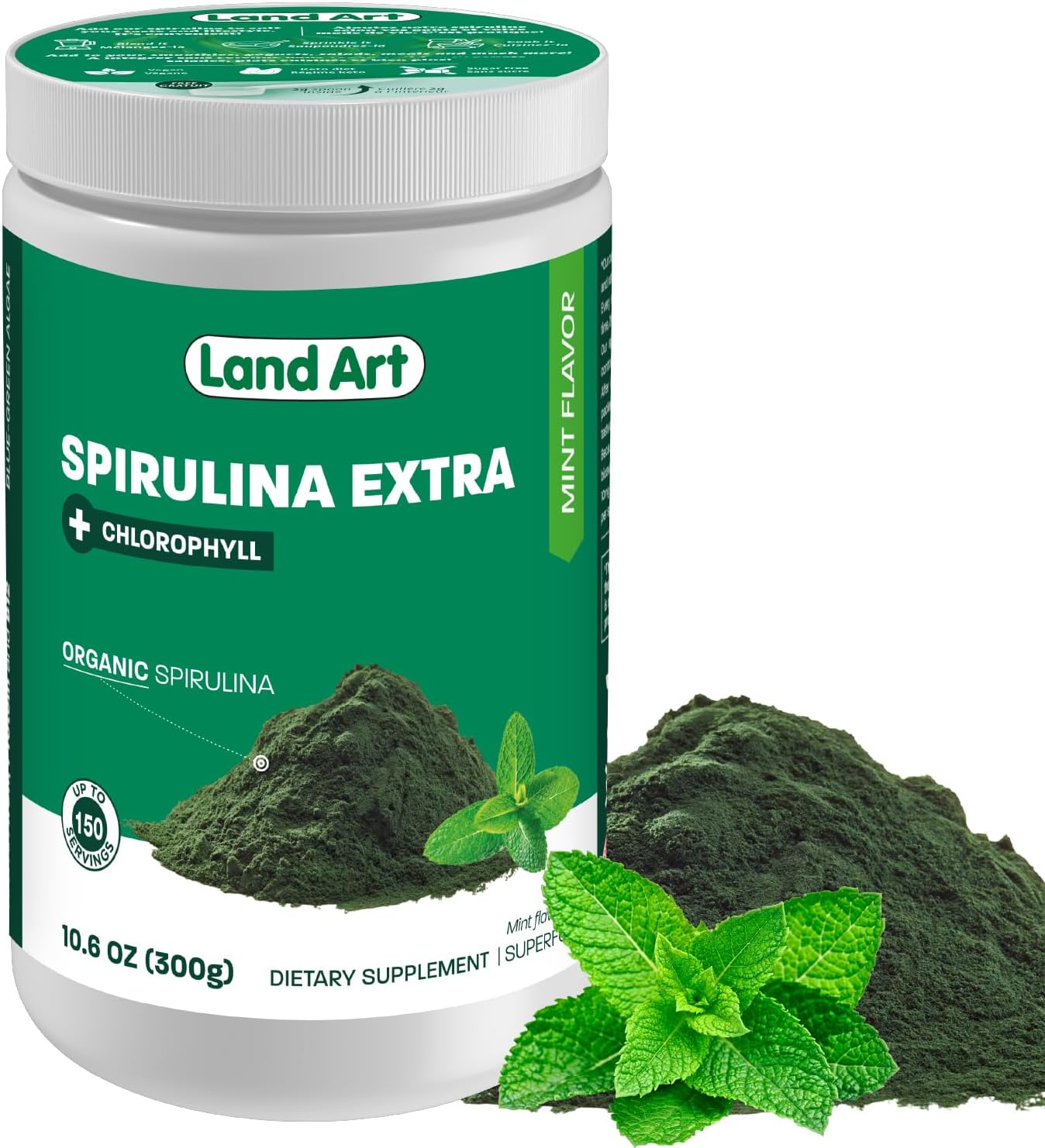 Organic Mint Flavoured Spirulina Powder by Land Art - 100% Pure Superfood with Bioactive Chlorophyll - 75 Servings - Rich in Antioxidants
