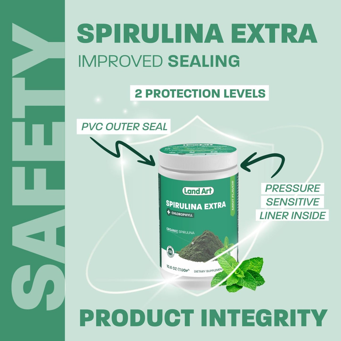 Organic Mint Flavoured Spirulina Powder by Land Art - 100% Pure Superfood with Bioactive Chlorophyll - 75 Servings - Rich in Antioxidants