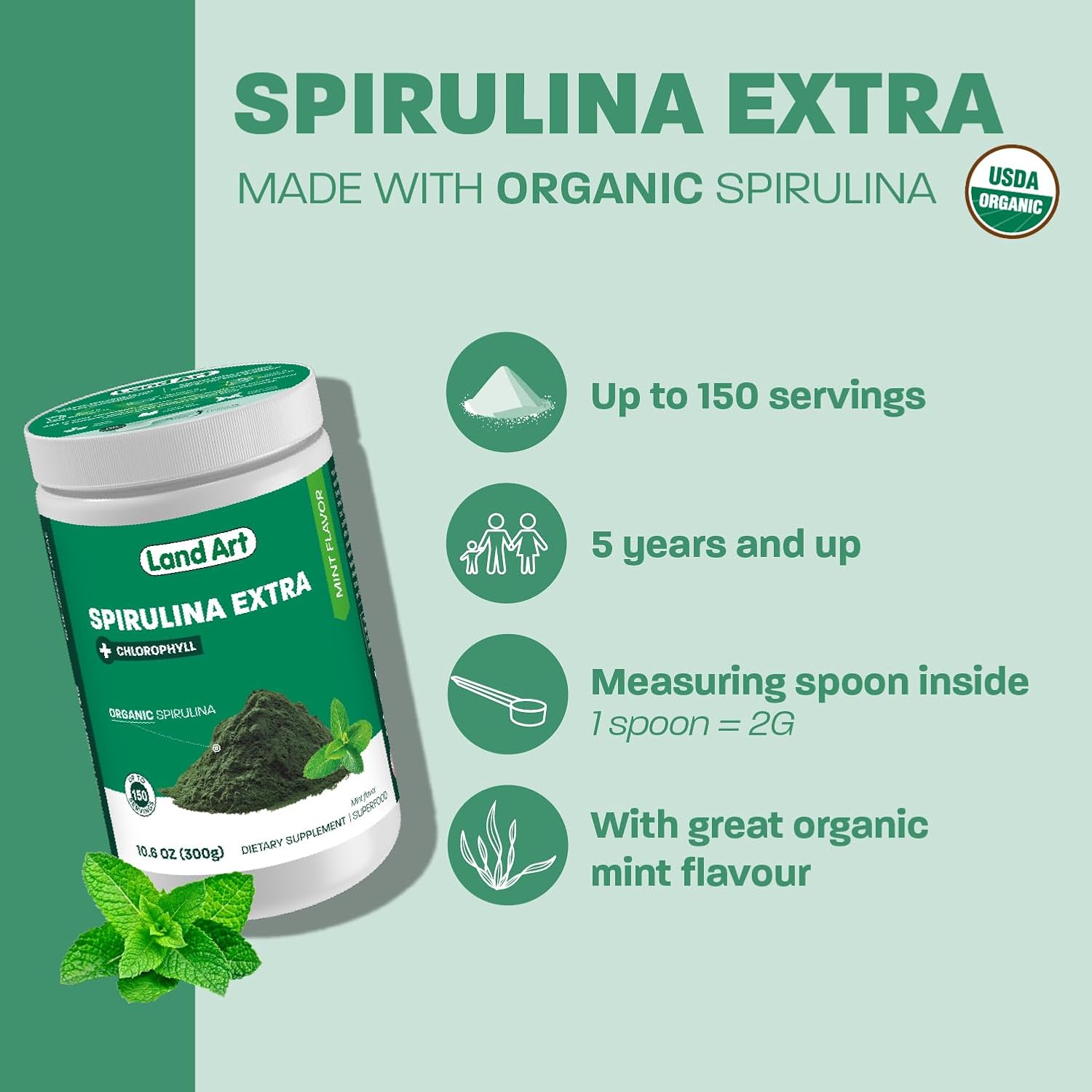 Organic Mint Flavoured Spirulina Powder by Land Art - 100% Pure Superfood with Bioactive Chlorophyll - 75 Servings - Rich in Antioxidants