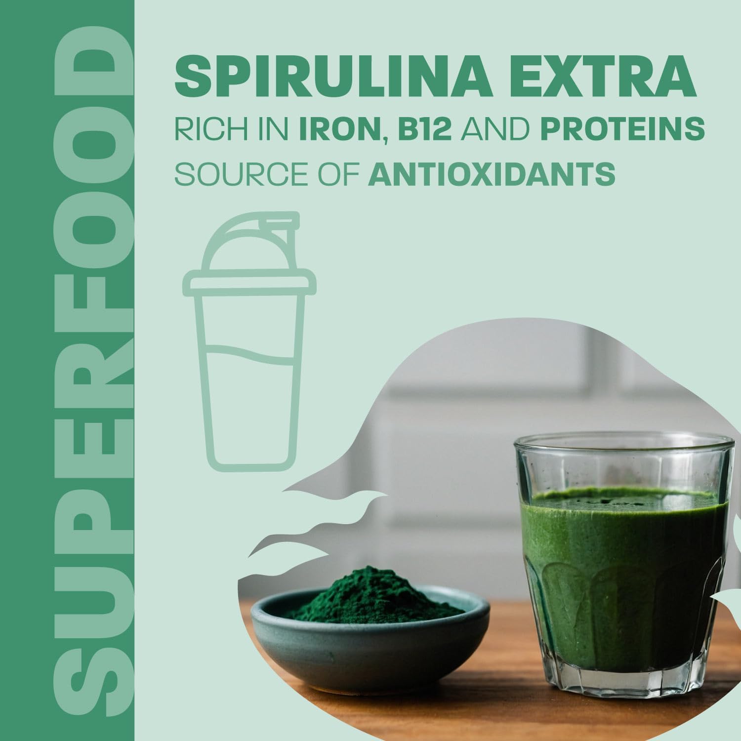 Organic Mint Flavoured Spirulina Powder by Land Art - 100% Pure Superfood with Bioactive Chlorophyll - 75 Servings - Rich in Antioxidants