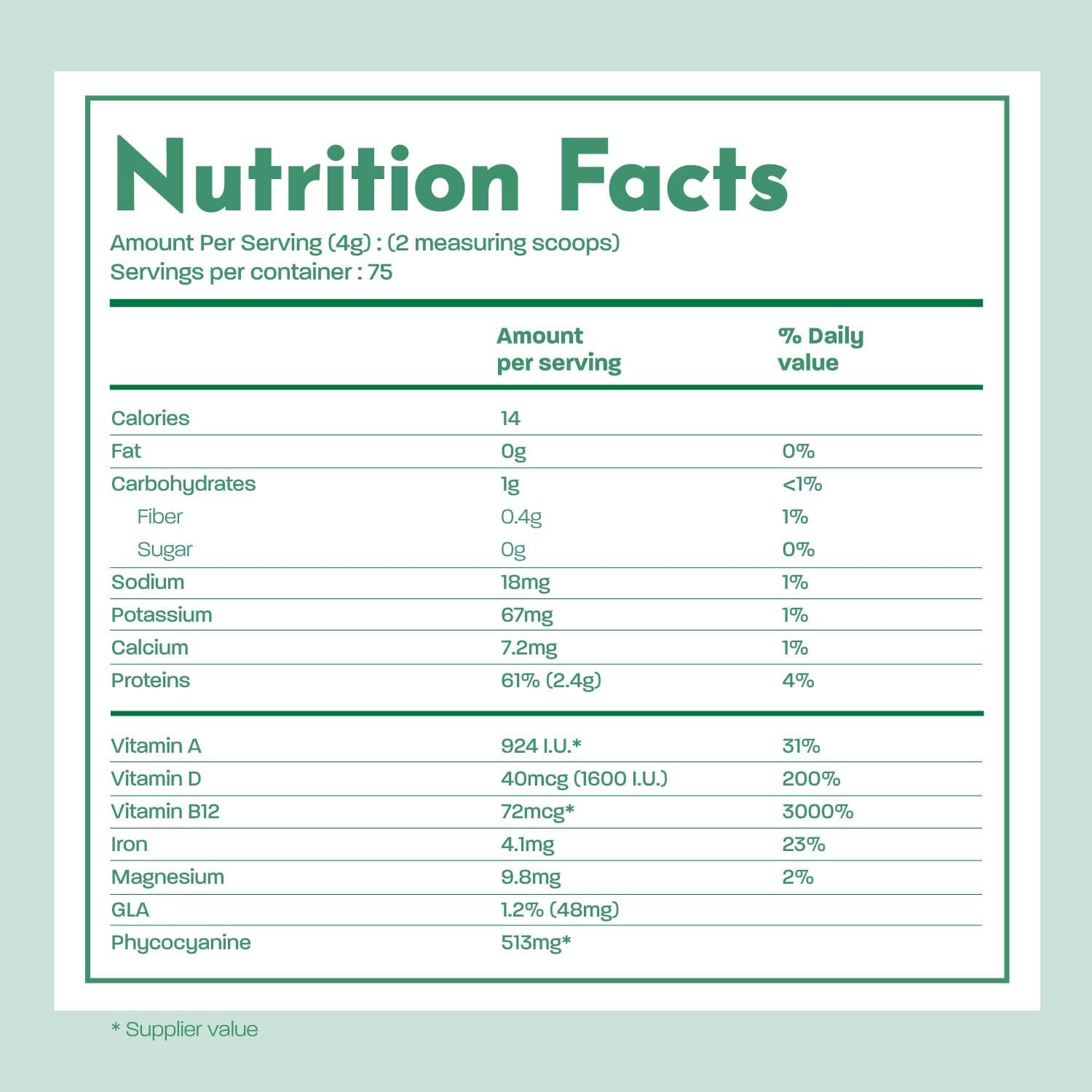 Organic Mint Flavoured Spirulina Powder by Land Art - 100% Pure Superfood with Bioactive Chlorophyll - 75 Servings - Rich in Antioxidants