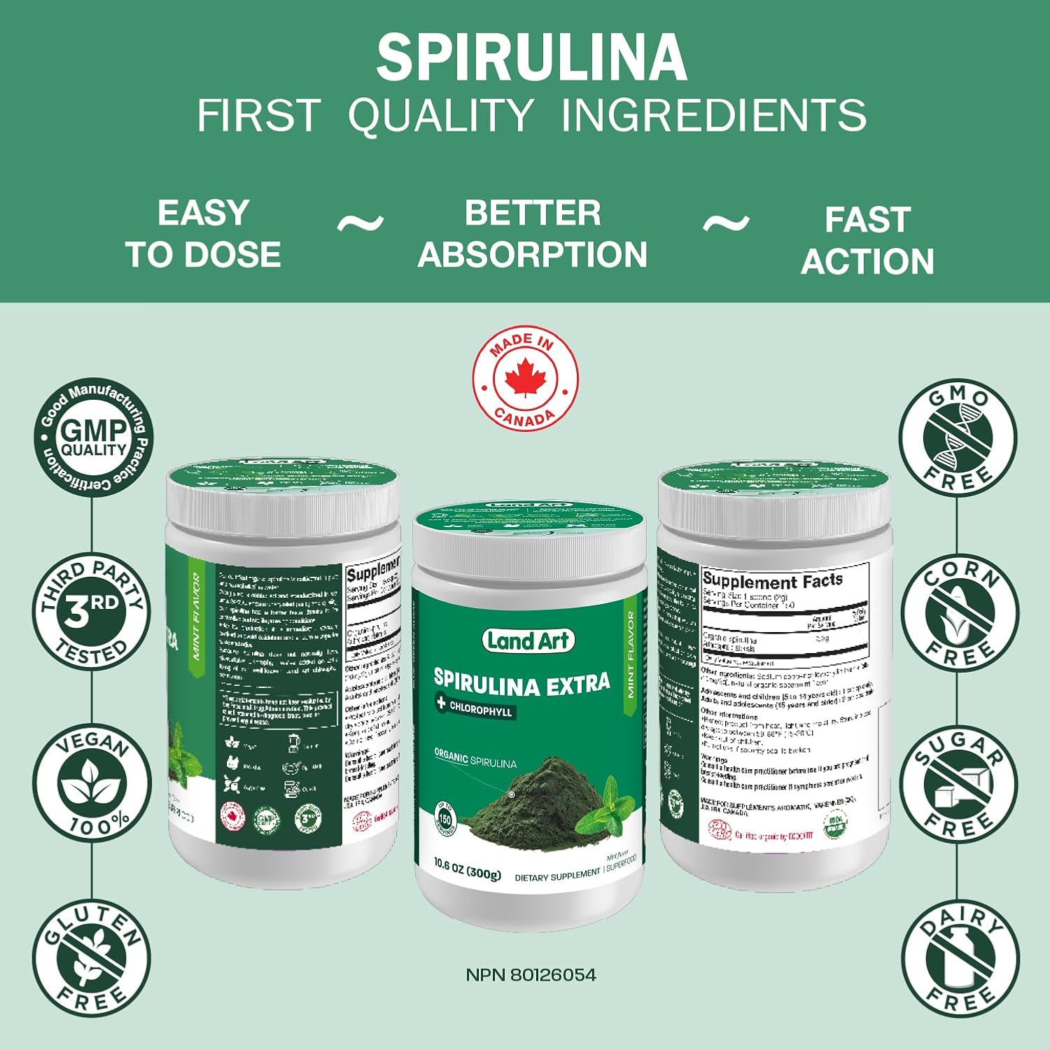 Organic Mint Flavoured Spirulina Powder by Land Art - 100% Pure Superfood with Bioactive Chlorophyll - 75 Servings - Rich in Antioxidants