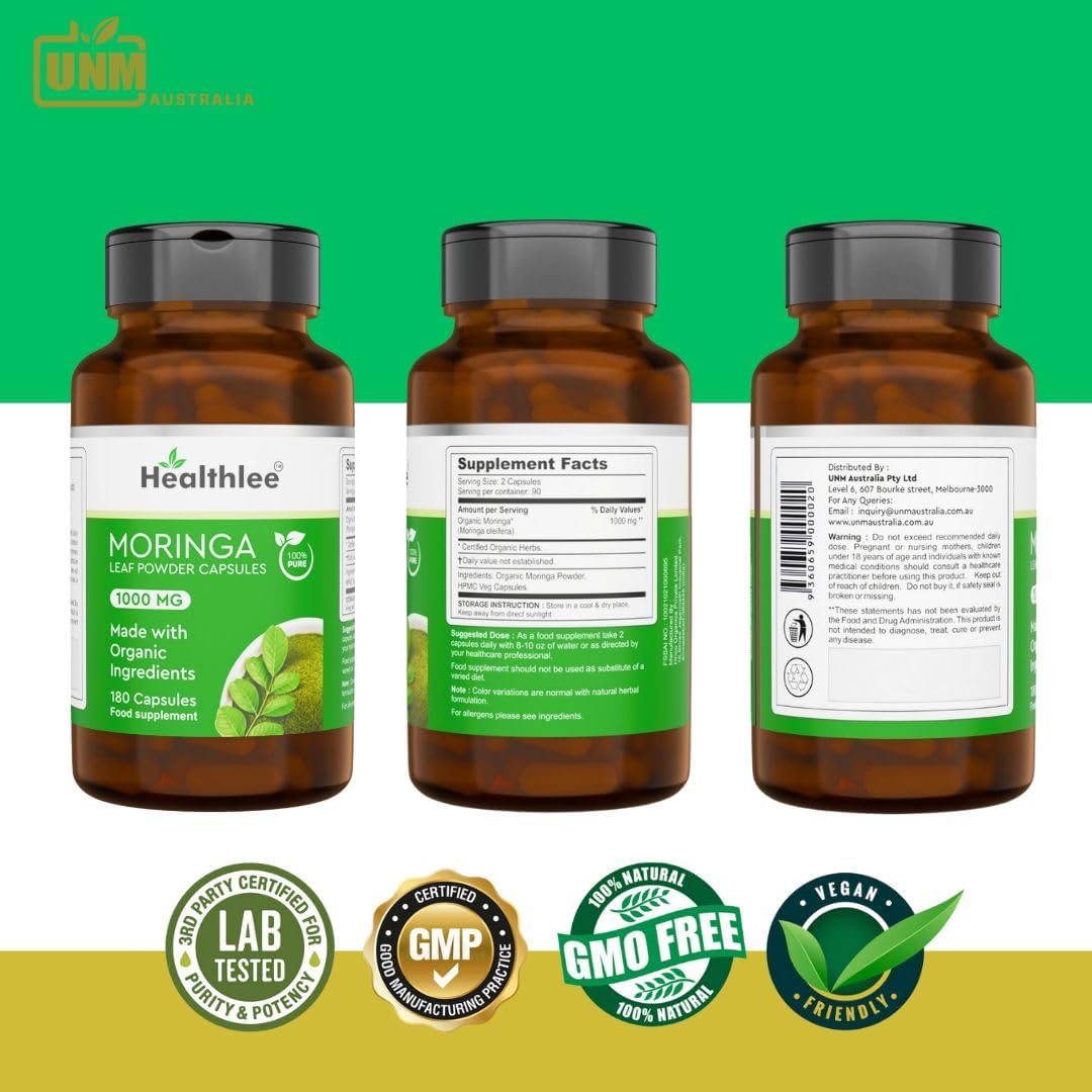Organic Moringa Capsules 1000 mg | Pure Moringa Oleifera Leaf Powder Supplement | Single Origin, 100% Pure Moringa Powder