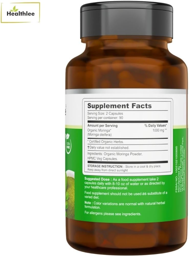 Organic Moringa Capsules 1000 mg | Pure Moringa Oleifera Leaf Powder Supplement | Single Origin, 100% Pure Moringa Powder