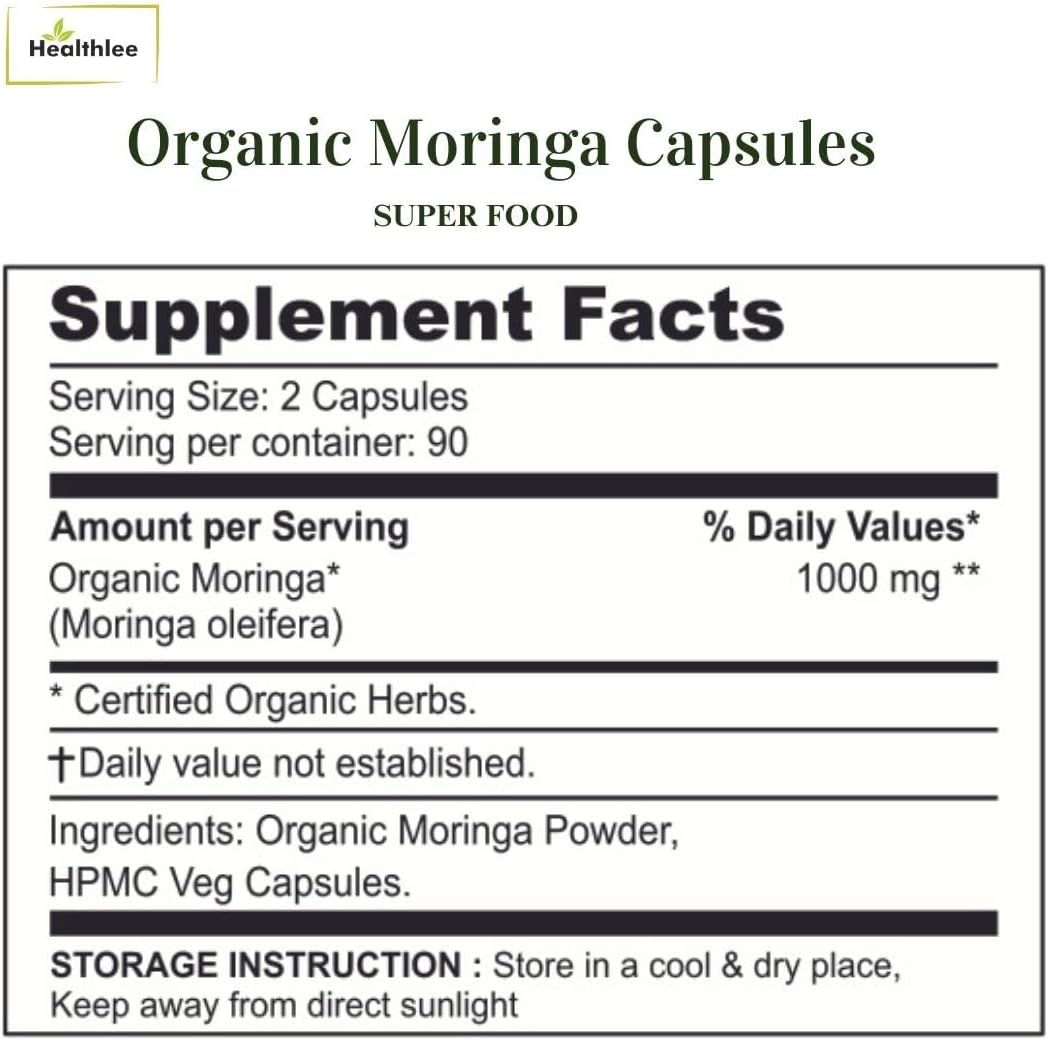 Organic Moringa Capsules 1000 mg | Pure Moringa Oleifera Leaf Powder Supplement | Single Origin, 100% Pure Moringa Powder