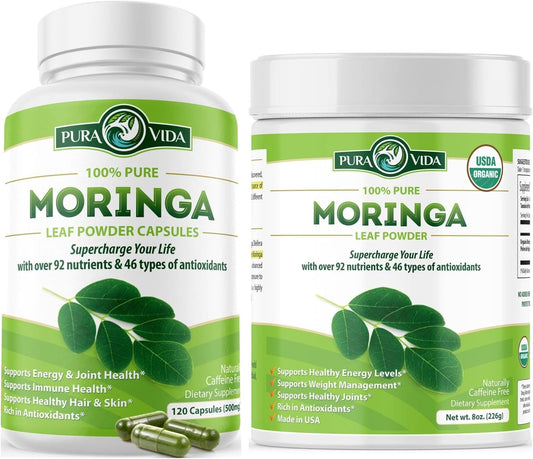 Organic Moringa Capsules and Powder by PURA VIDA MORINGA - Pure and Potent Moringa Supplements for Health and Wellness
