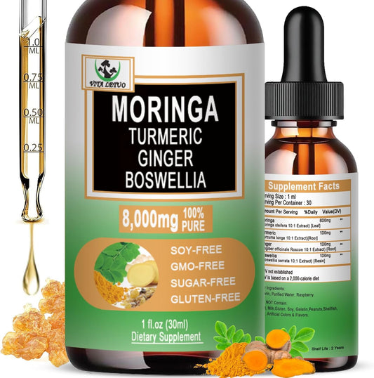 Organic Moringa Drops with Turmeric, Ginger, and Boswellia for Energy, Skin, and Gut Health - High Absorption Green Superfood Liquid Formula with Essential Nutrients
