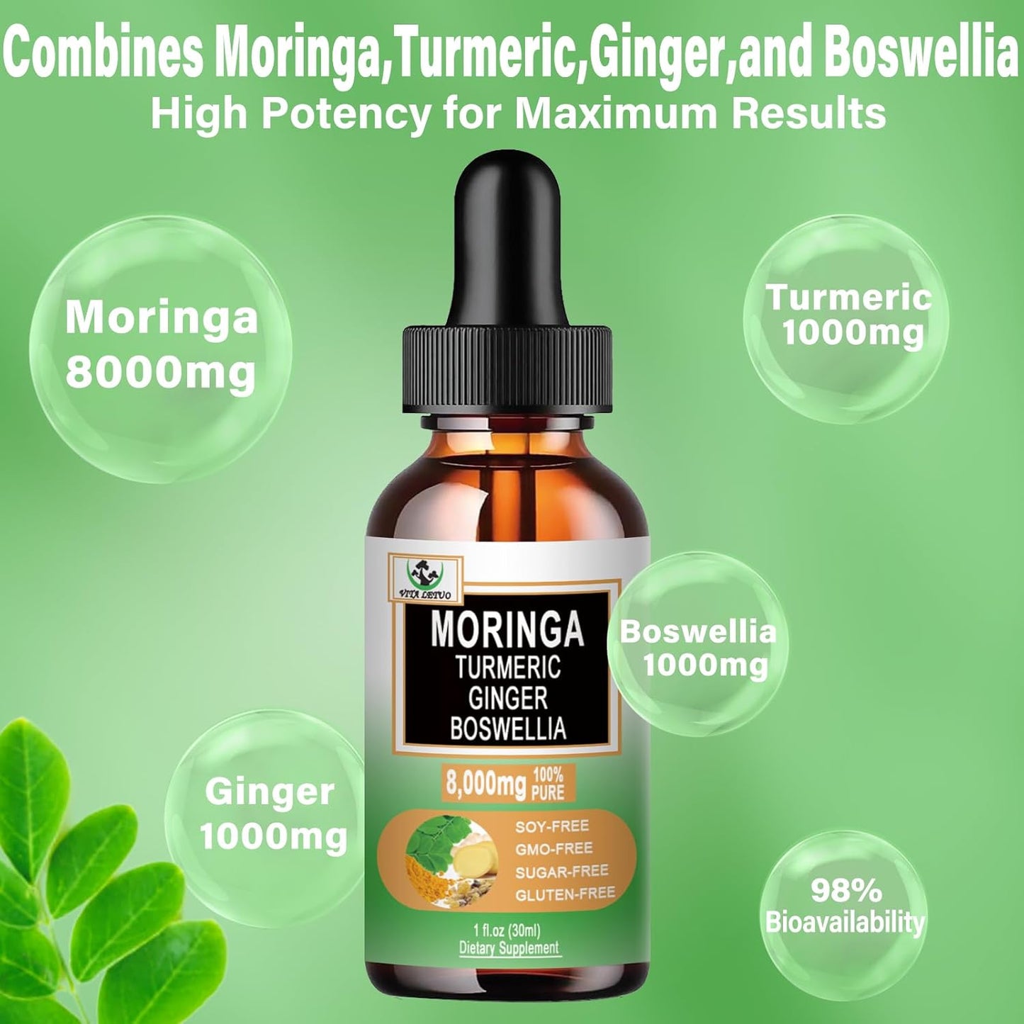 Organic Moringa Drops with Turmeric, Ginger, and Boswellia for Energy, Skin, and Gut Health - High Absorption Green Superfood Liquid Formula with Essential Nutrients