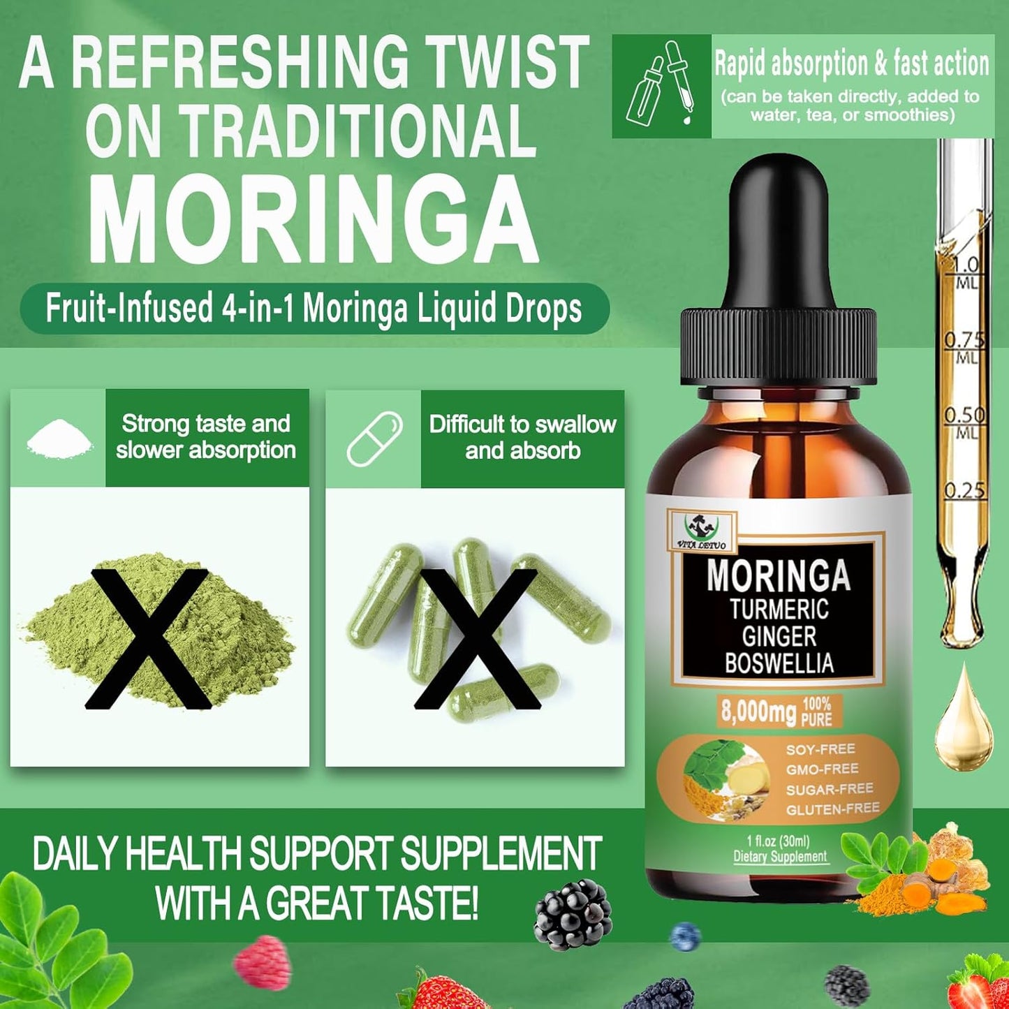 Organic Moringa Drops with Turmeric, Ginger, and Boswellia for Energy, Skin, and Gut Health - High Absorption Green Superfood Liquid Formula with Essential Nutrients