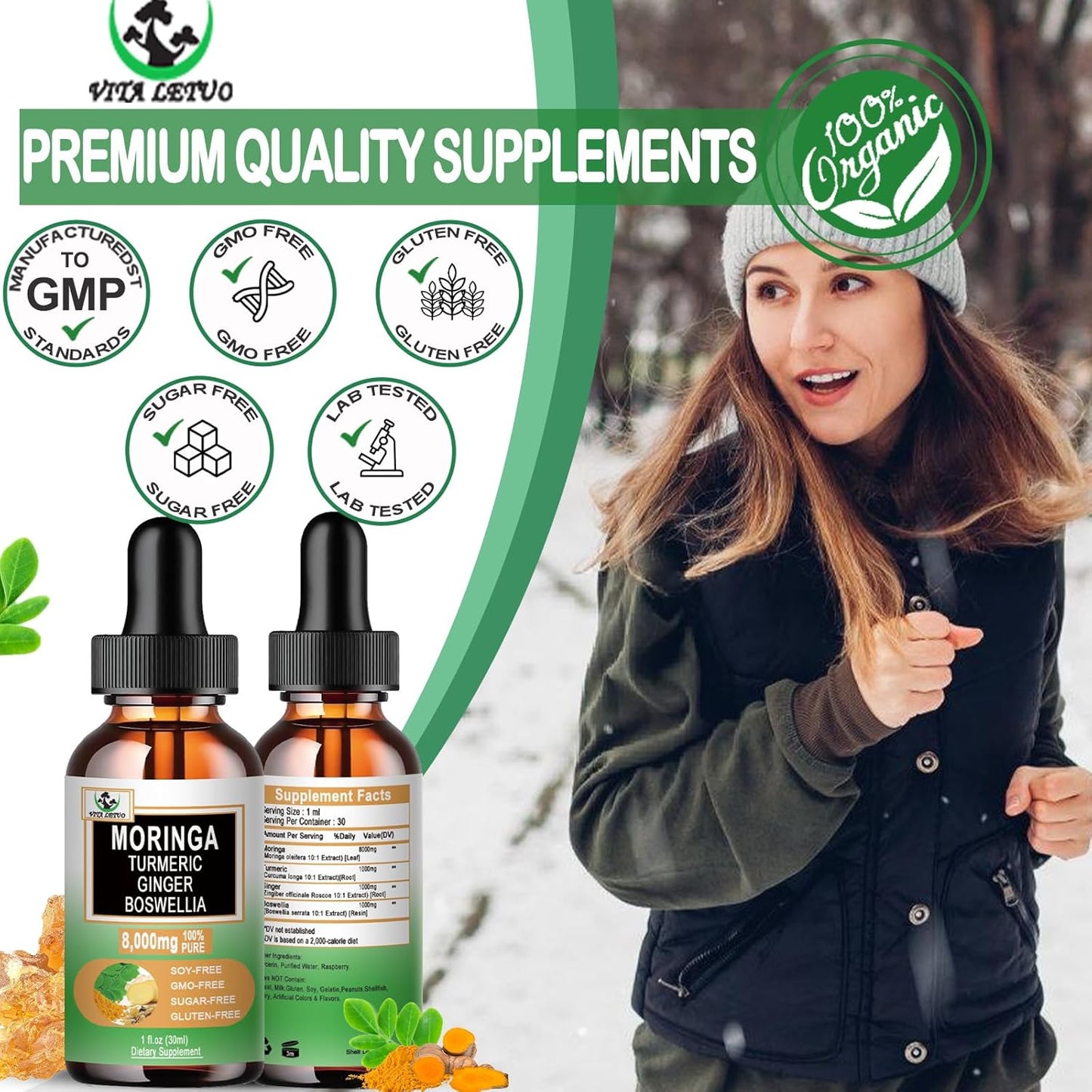 Organic Moringa Drops with Turmeric, Ginger, and Boswellia for Energy, Skin, and Gut Health - High Absorption Green Superfood Liquid Formula with Essential Nutrients
