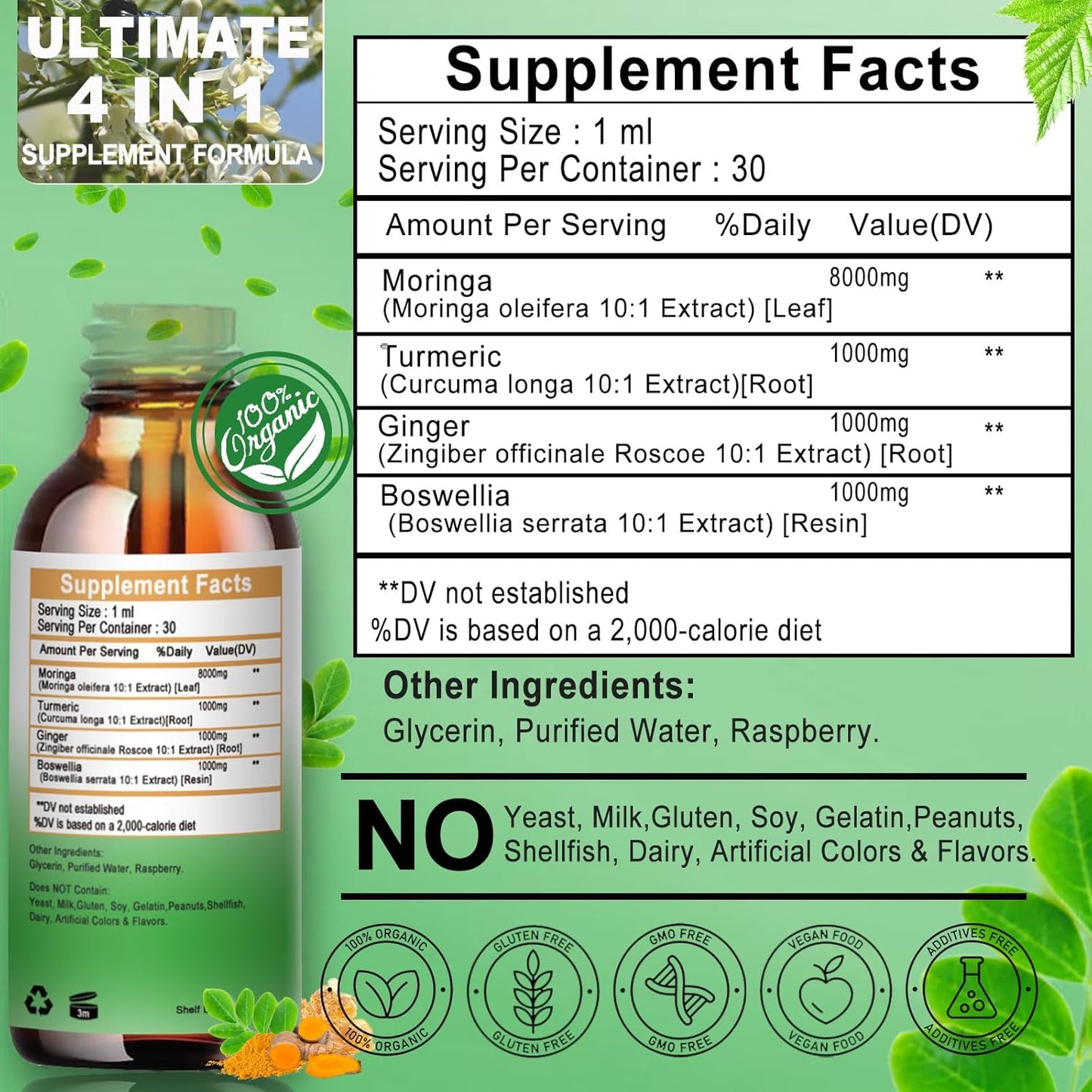 Organic Moringa Drops with Turmeric, Ginger, and Boswellia for Energy, Skin, and Gut Health - High Absorption Green Superfood Liquid Formula with Essential Nutrients