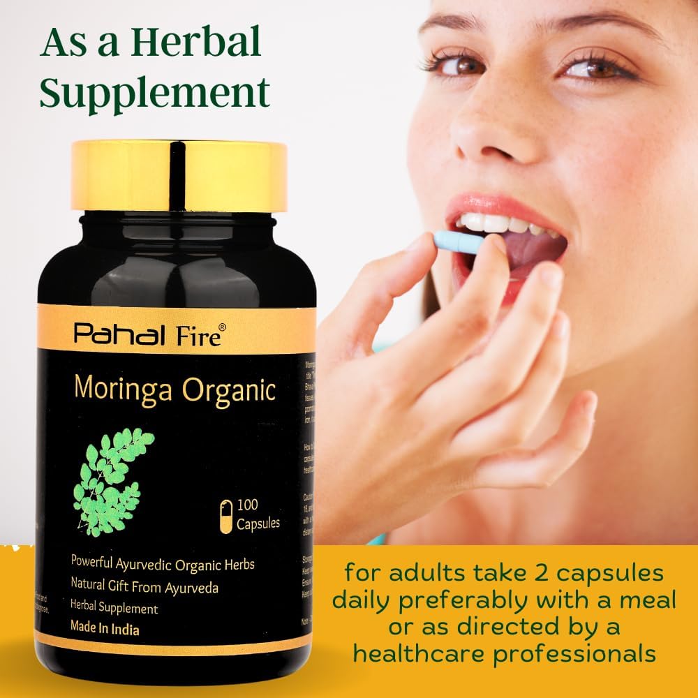 Organic Moringa Herbal Supplement 500mg Capsules - Antioxidant & Multivitamin Support - Wild Harvested in India - Lab Tested - 100ct