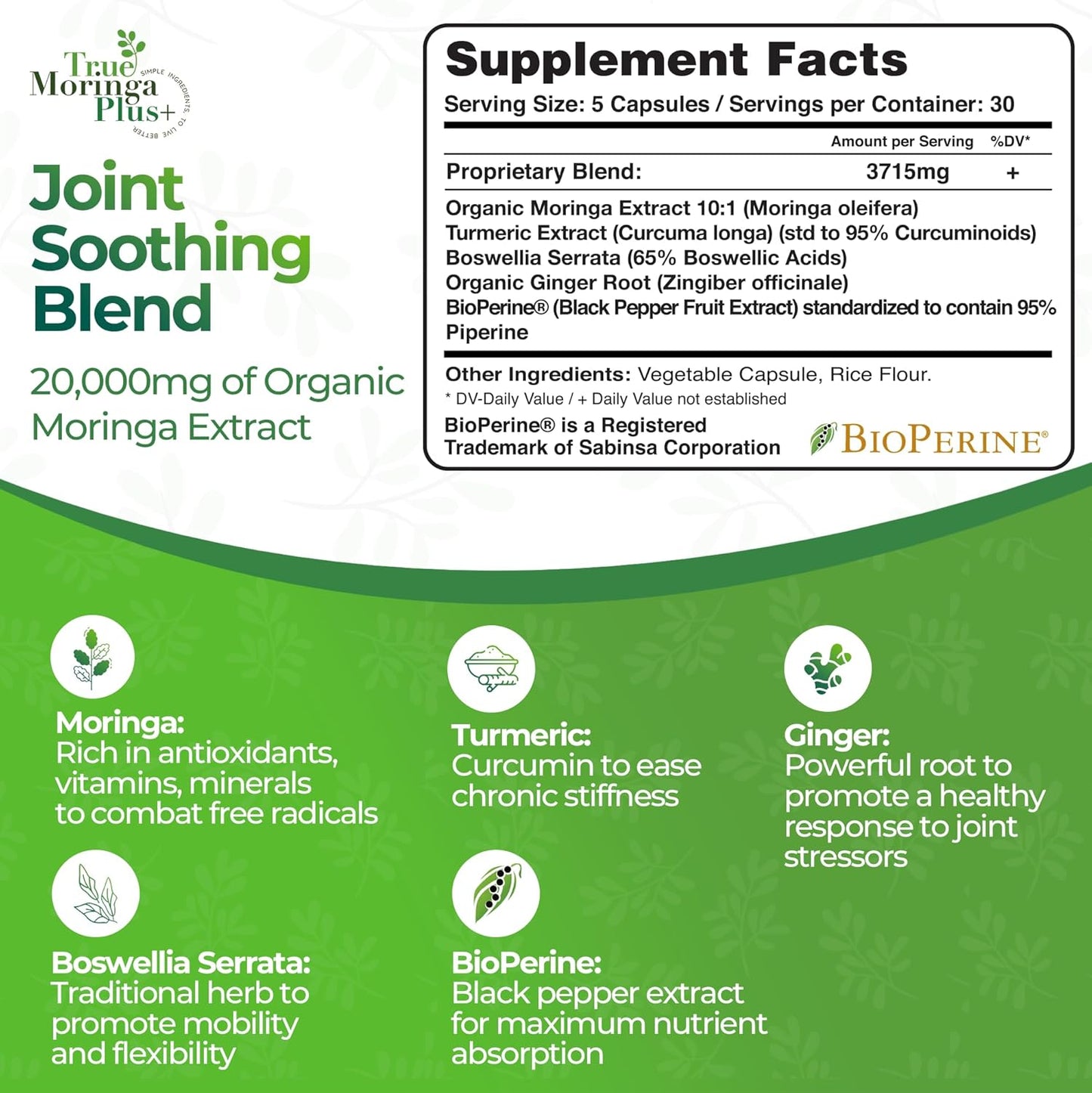 Organic Moringa Joint Support Supplement with Turmeric & Ginger | 20,000mg Extract | Extra Strength Antioxidant for Adults | 150 Capsules - BoostGo Australia