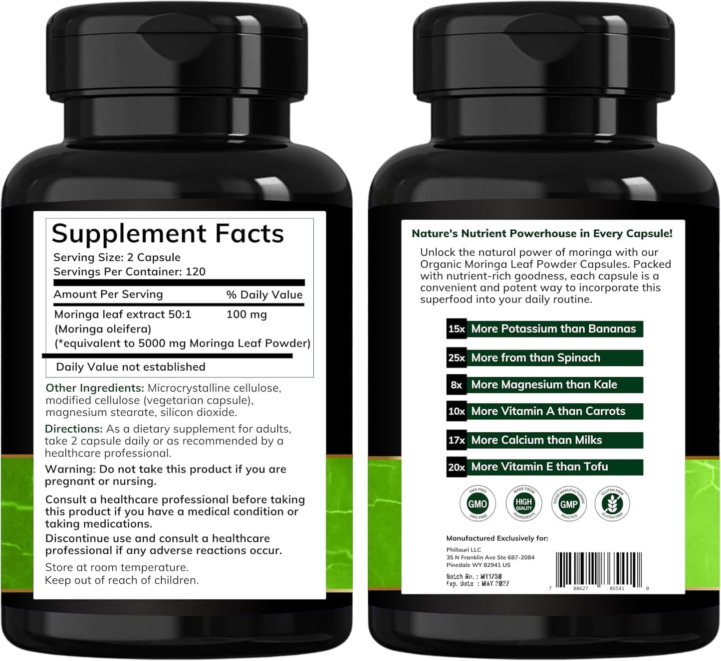 Organic Moringa Leaf Capsules | Pure Himalayan Supplement | 240 Count (2 Pack)