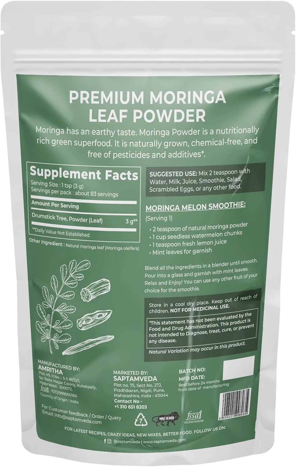 Organic Moringa Leaf Powder 8.81 Oz from India Farms | Rich in Antioxidants & Immune-Boosting Nutrients | Natural Hair & Skin Care Solution