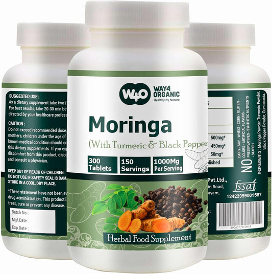 Organic Moringa Tablets with Turmeric and Black Pepper - 300 Pills, 5 Month Supply - 1000 Mg per Serving - Supports Digestive Health - Pack of 1