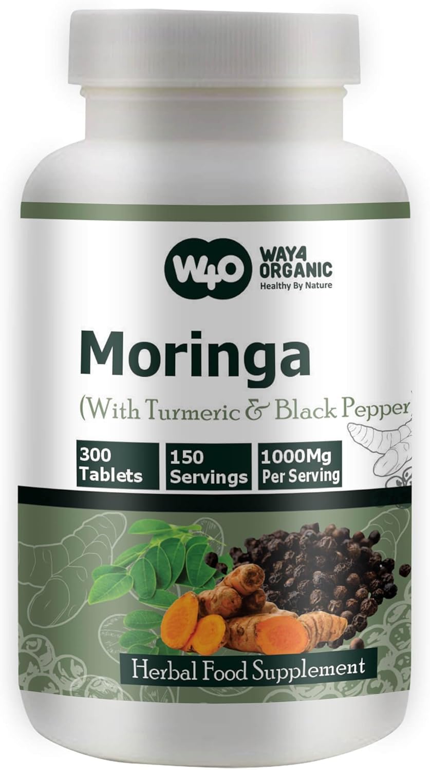 Organic Moringa Tablets with Turmeric and Black Pepper - 300 Pills, 5 Month Supply - 1000 Mg per Serving - Supports Digestive Health - Pack of 1
