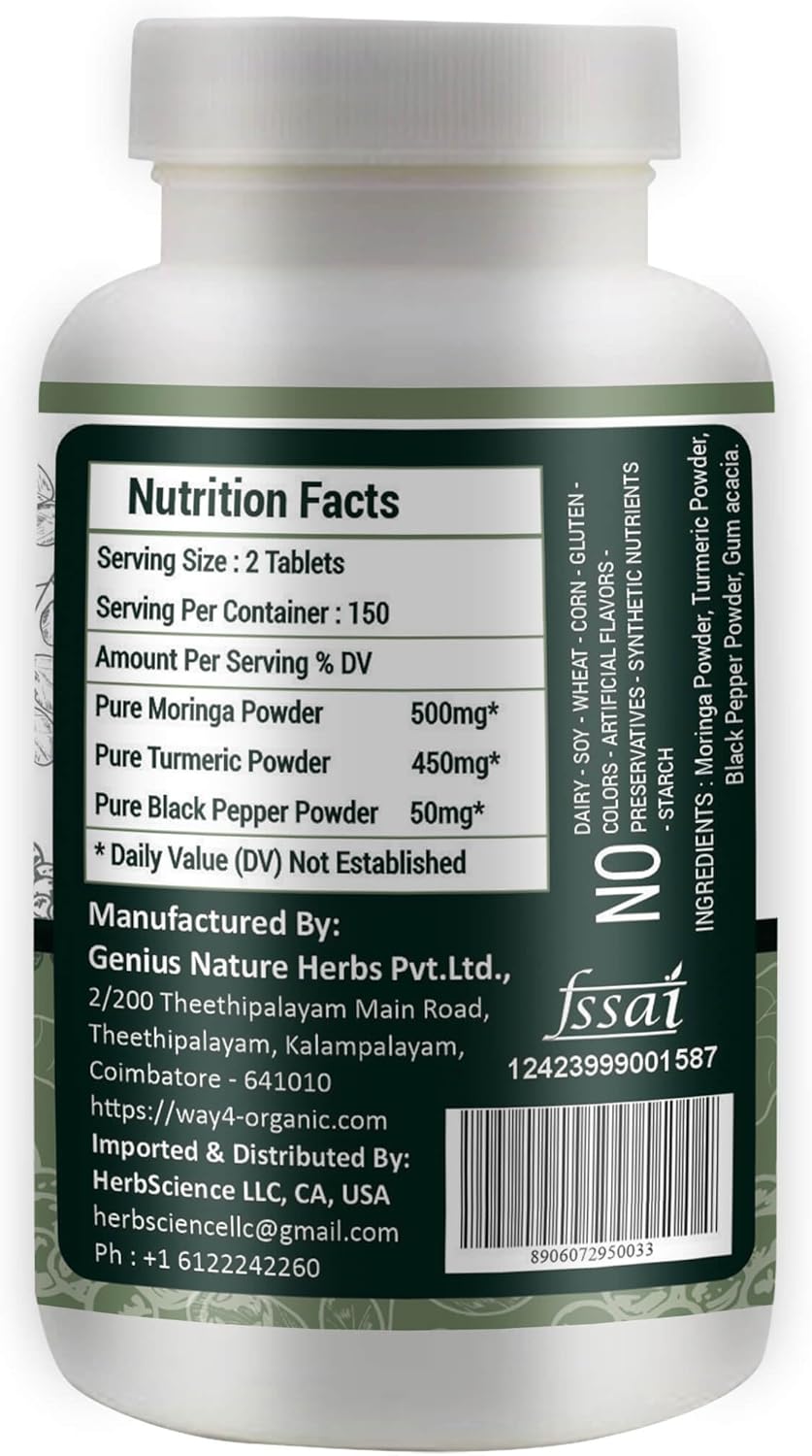 Organic Moringa Tablets with Turmeric and Black Pepper - 300 Pills, 5 Month Supply - 1000 Mg per Serving - Supports Digestive Health - Pack of 1