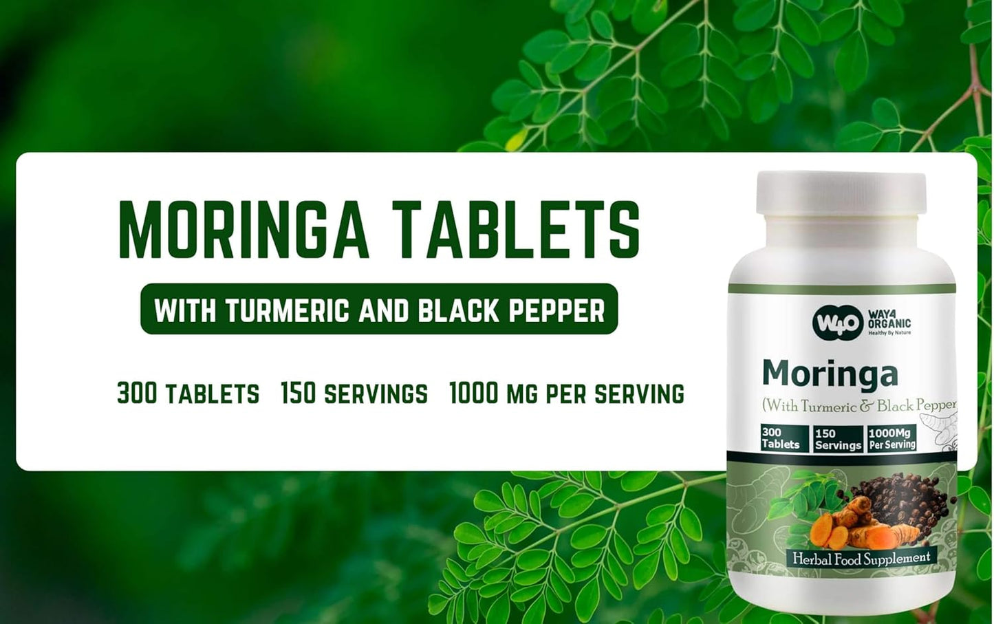 Organic Moringa Tablets with Turmeric and Black Pepper - 300 Pills, 5 Month Supply - 1000 Mg per Serving - Supports Digestive Health - Pack of 1