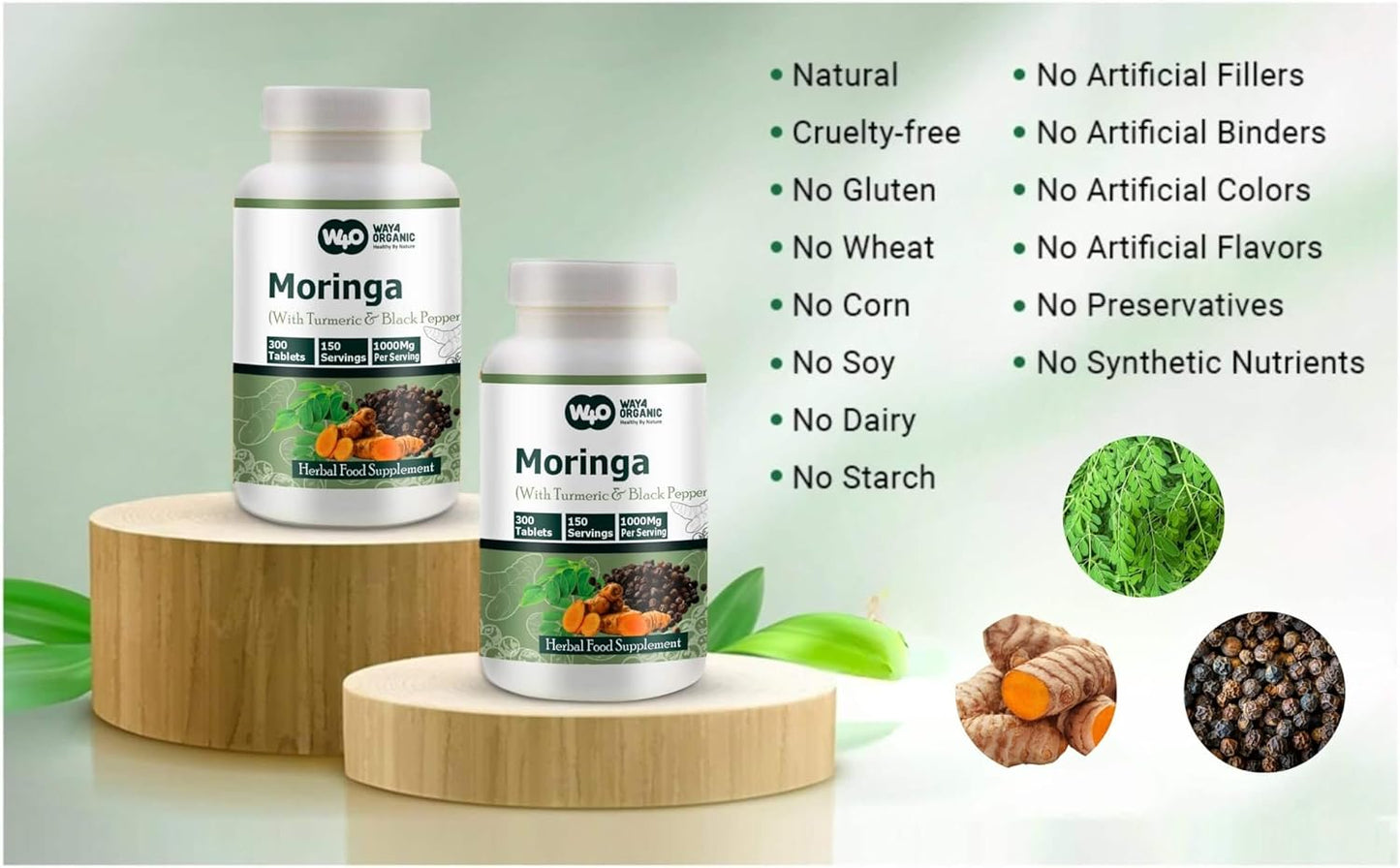 Organic Moringa Tablets with Turmeric and Black Pepper - 300 Pills, 5 Month Supply - 1000 Mg per Serving - Supports Digestive Health - Pack of 1