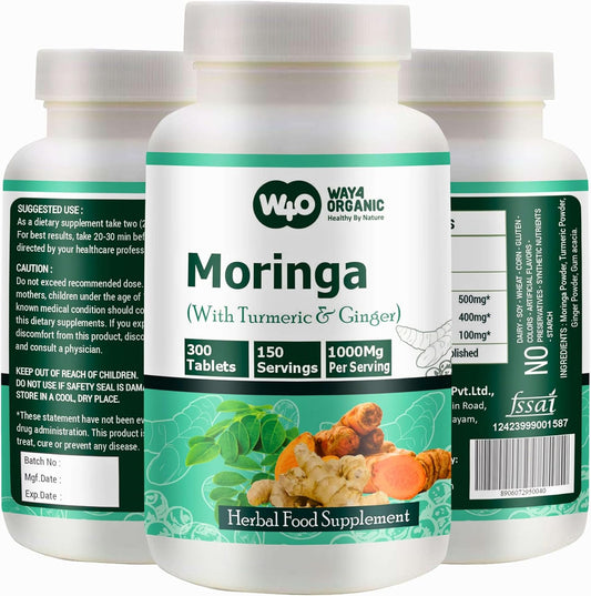Organic Moringa, Turmeric, and Ginger Tablets - 300 Pills, 5 Month Supply - Supports Digestive Health - 1000 Mg per Serving