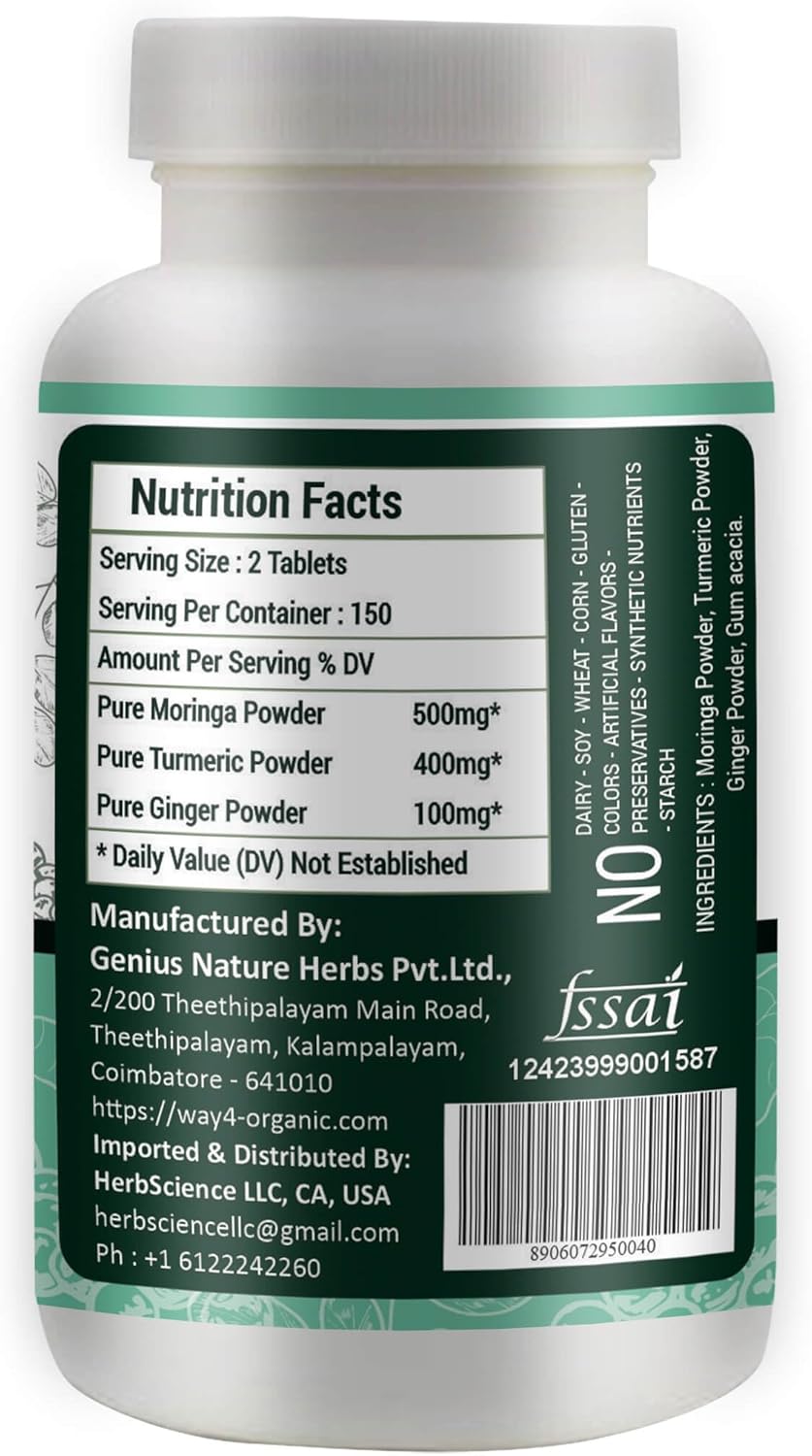 Organic Moringa, Turmeric, and Ginger Tablets - 300 Pills, 5 Month Supply - Supports Digestive Health - 1000 Mg per Serving
