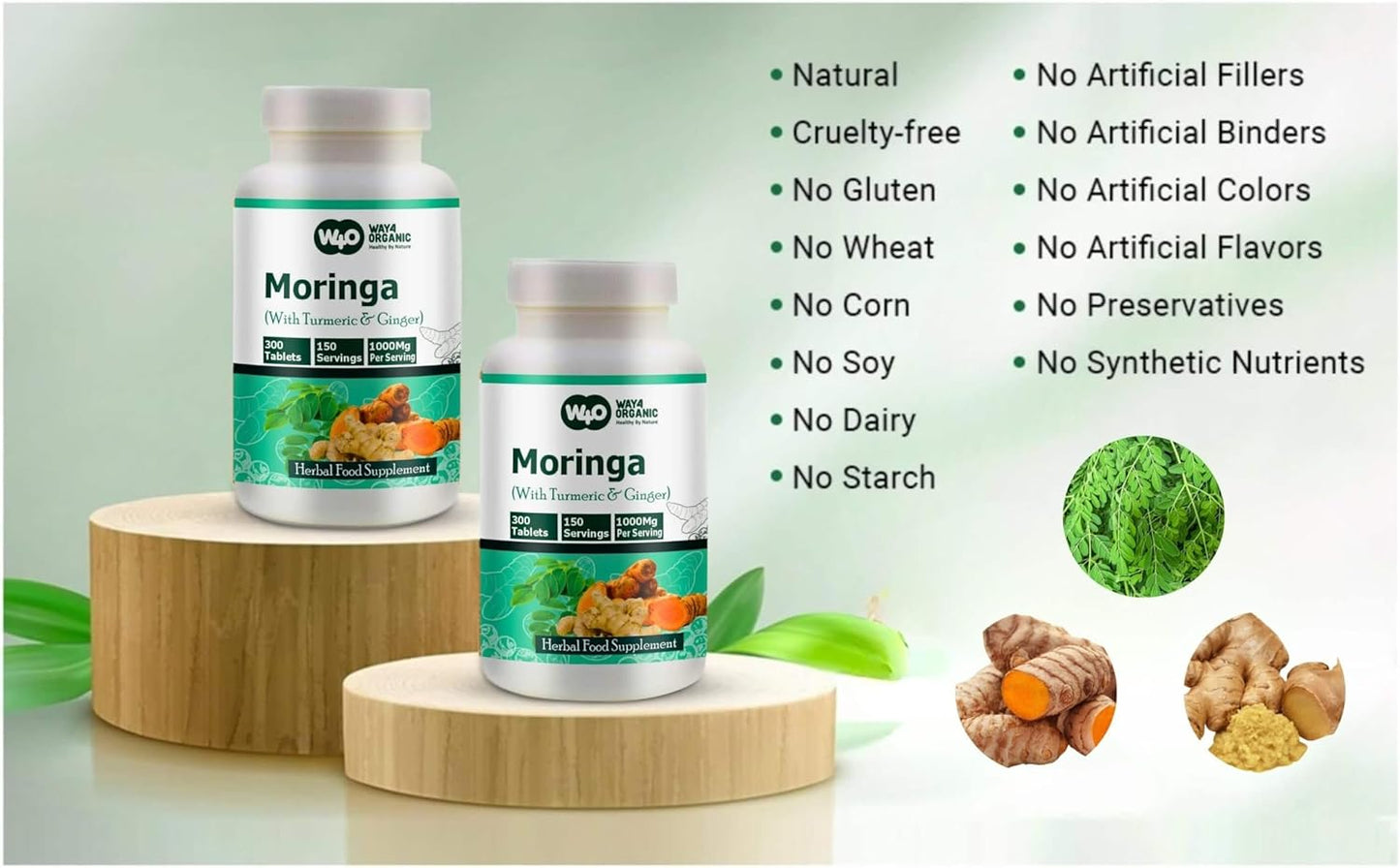 Organic Moringa, Turmeric, and Ginger Tablets - 300 Pills, 5 Month Supply - Supports Digestive Health - 1000 Mg per Serving