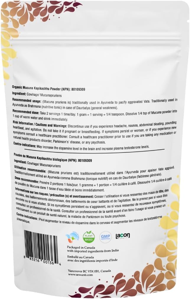 Organic Mucuna Pruriens Powder Supplement - 200g - Vegan & Gluten Free - Sewanti Herbal Powder