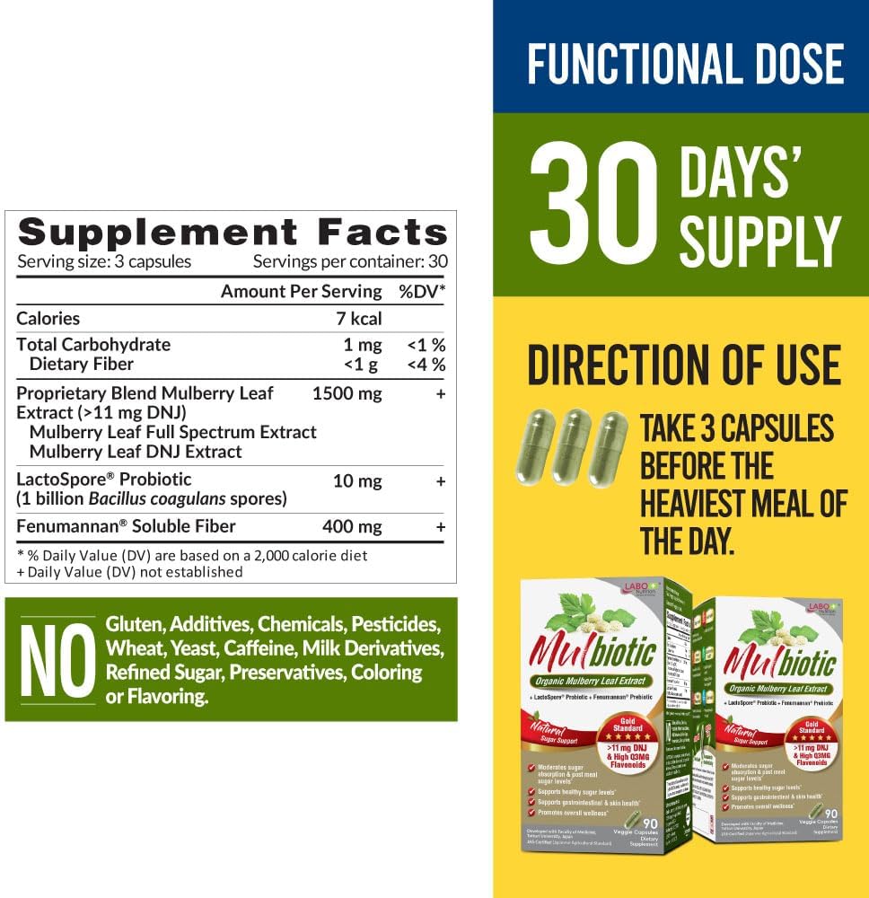 Organic Mulberry Leaf Extract Capsules with Probiotic & Prebiotic for Healthy Carb Cravings Support