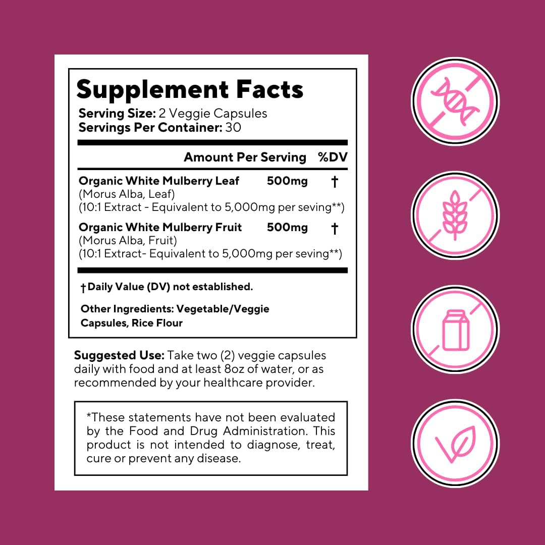 Organic Mulberry Leaf & Fruit Extract Capsules - Supports Gut & Heart Health, Antioxidant - 10:1 Ratio, 60 Veggie Caps - Non-GMO, Gluten-Free, Vegan