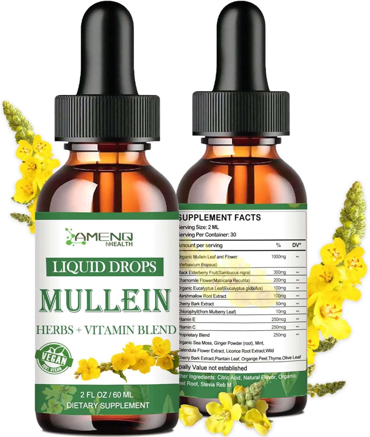 Organic Mullein Drops for Lung Health, Lung Cleanse Detox for Smokers, Mullein Leaf Extract for Respiratory Health - 2 FL/OZ